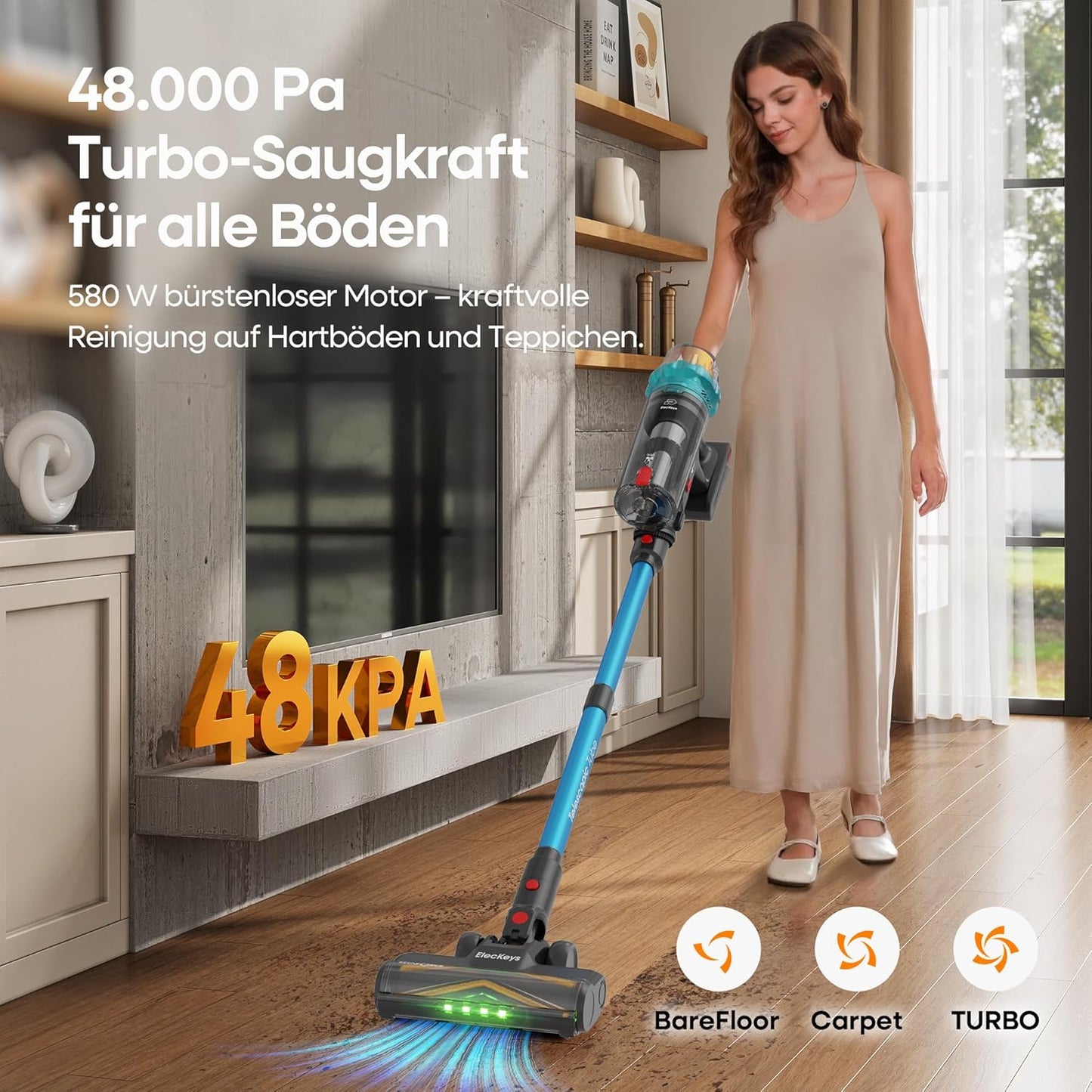 ElecKeys K10 Akku Staubsauger 48000Pa/580W/65 min, Superleise Staubsauger Kabellos mit LED Display, Akkustaubsauger mit Anti-Tangle-Bürste, Selbststehend für Tierhaare Teppiche Hartböden