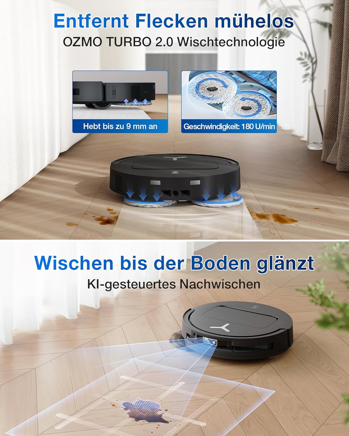 ECOVACS DEEBOT T50 Omni Saugroboter mit Wischfunktion,15.000 Pa, T30 Omni-Upgrade, Ausziehbare Seitenbürste und Mopp, ZeroTangle 2.0, Moppwäsche mit 75°C heißem Wasser, All-in-One Station