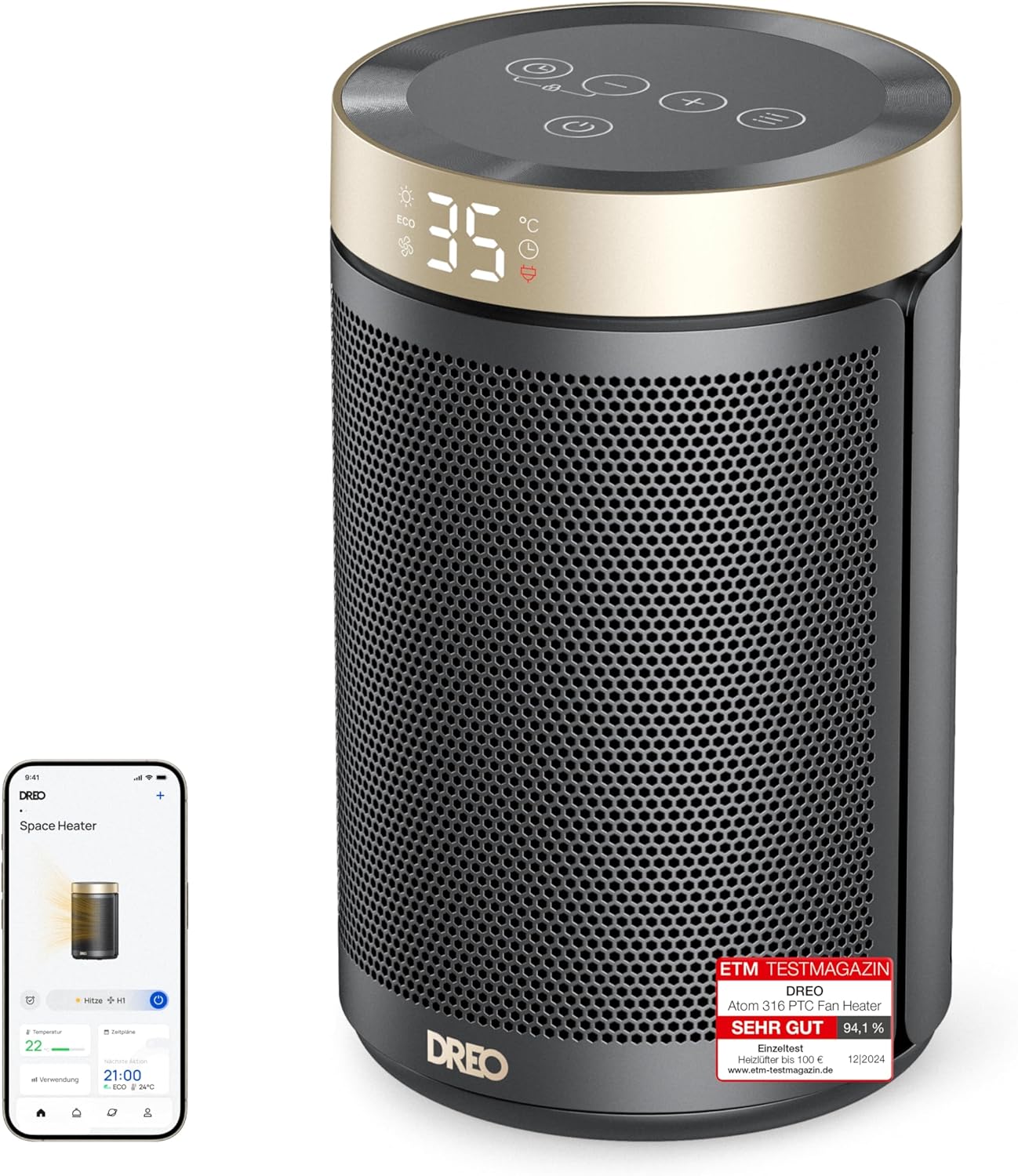 Dreo Energiesparender Heizlüfter, 34 dB Leiser 1500W Elektrischer PTC Keramik, Thermostat, Überhitzungs- & Kippschutz, 12 Std. Timer, Elektroheizung für Räume Schlafzimmer, Atom 316, Gold