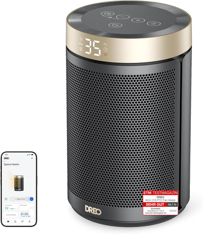 Dreo Energiesparender Heizlüfter, 34 dB Leiser 1500W Elektrischer PTC Keramik, Thermostat, Überhitzungs- & Kippschutz, 12 Std. Timer, Elektroheizung für Räume Schlafzimmer, Atom 316, Gold