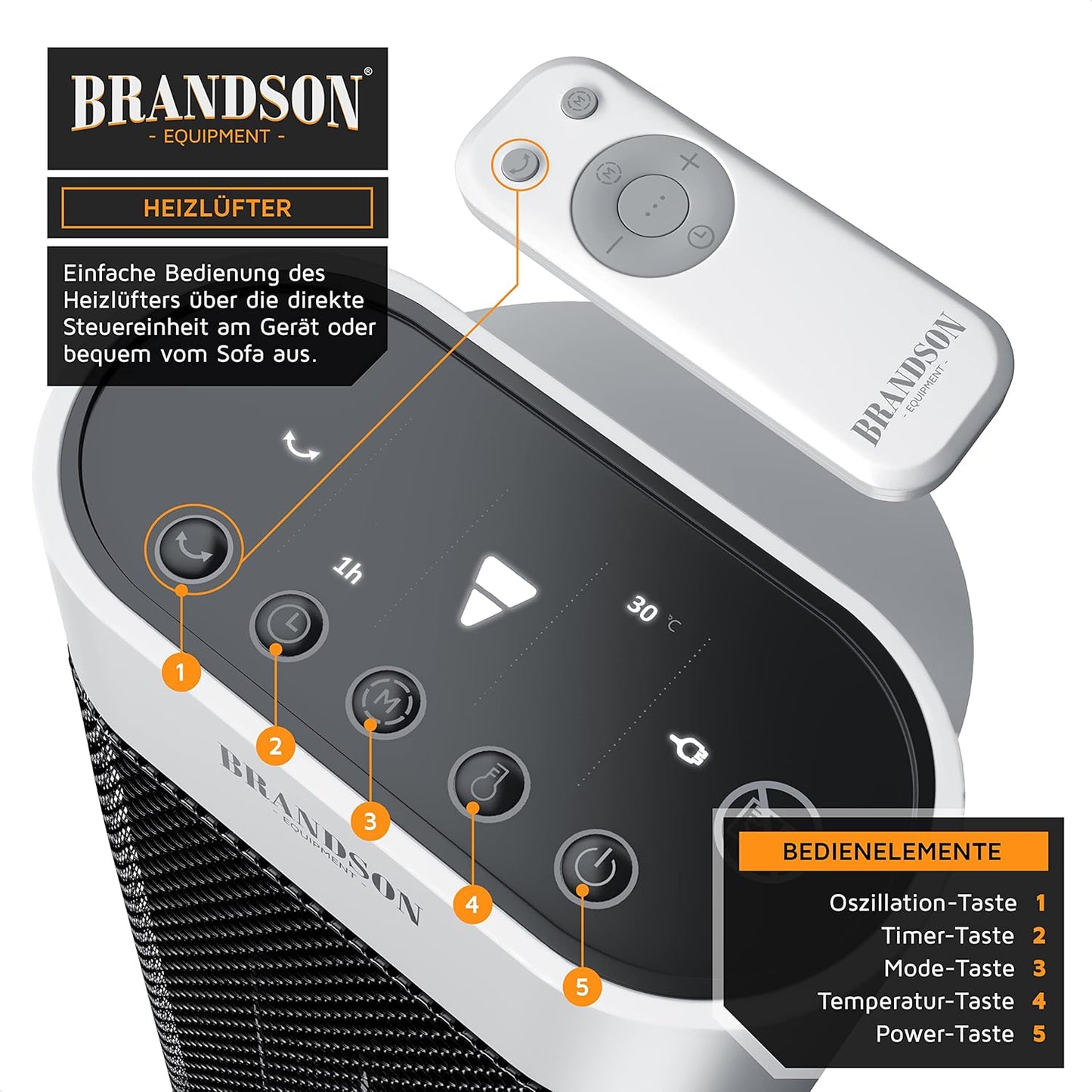 Brandson - Heizlüfter mit Fernbedienung - Preisträger - energiesparend leise Keramik-Heizlüfter Badezimmer - Oszillationsfunktion - Timer - Heizung Heater - GS zertifiziert