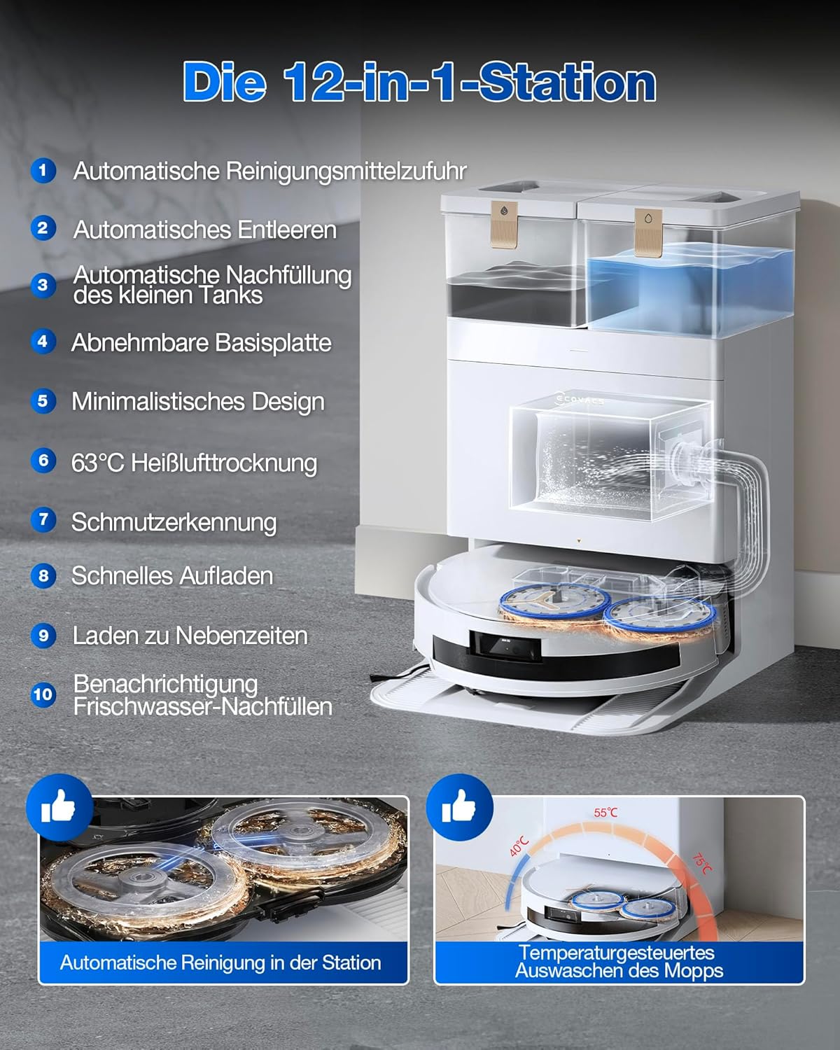 ECOVACS DEEBOT T50 Omni Saugroboter mit Wischfunktion,15.000 Pa, T30 Omni-Upgrade, Ausziehbare Seitenbürste und Mopp, ZeroTangle 2.0, Moppwäsche mit 75°C heißem Wasser, All-in-One Station