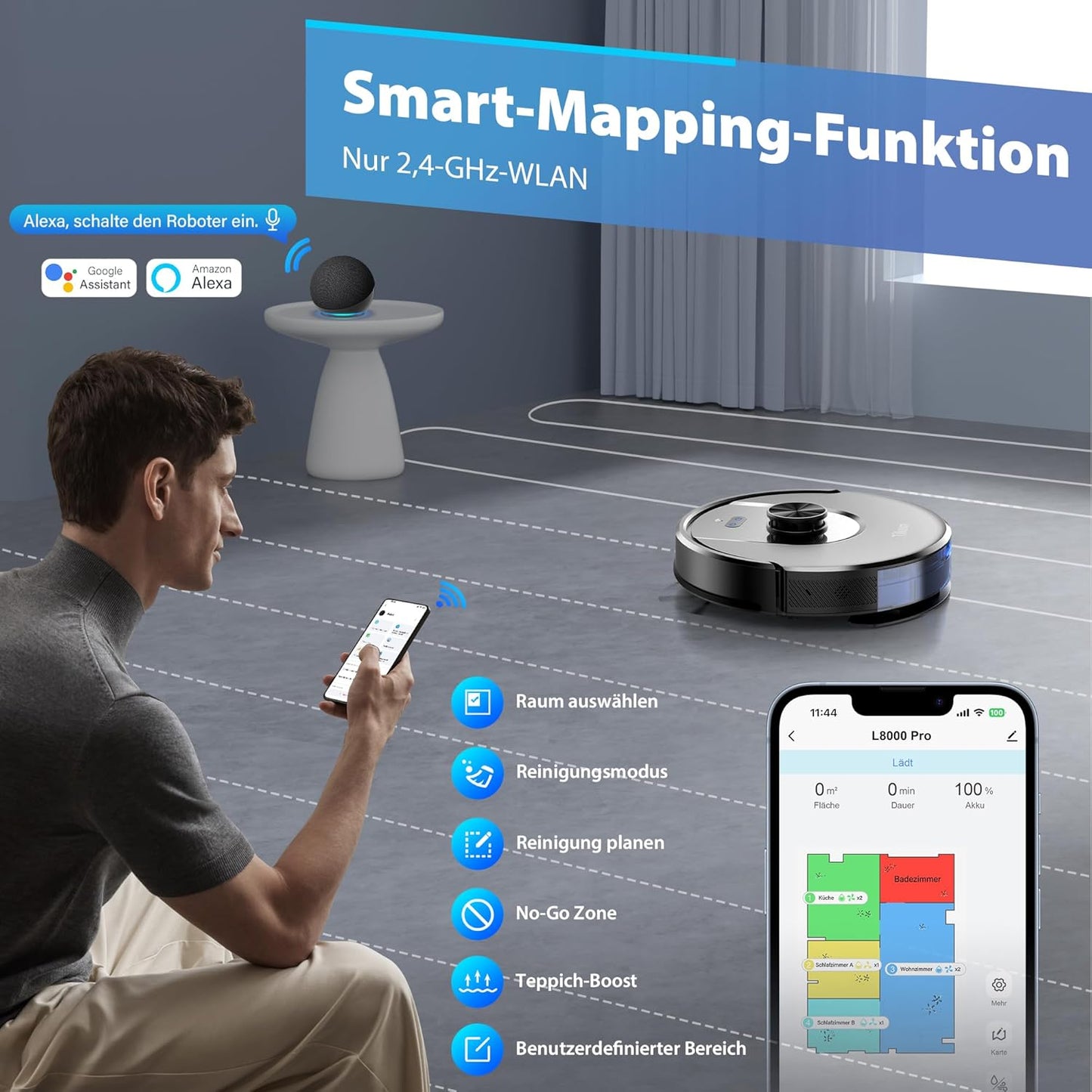 Tikom Saugroboter mit Wischfunktion, 6000Pa Staubsauger Roboter mit LiDAR Navigation, 150Min Max, APP Steuerung, 14 No-Go-Zonen, Saug und Wischroboter für Tierhaare, Teppiche und Hartboden(L8000 Pro)