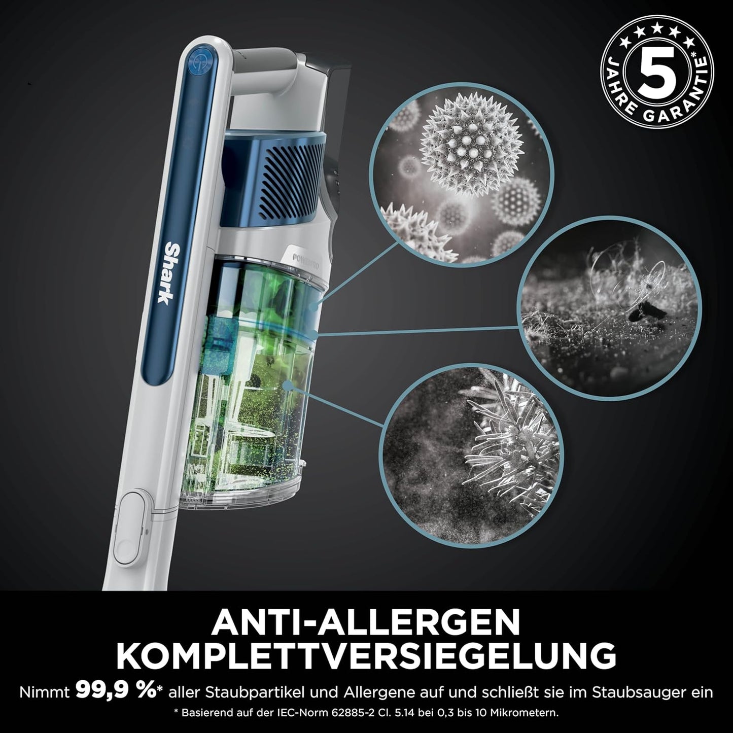 Shark PowerPro Akku-Staubsauger freistehend, bis 50 Min. Laufzeit, kabellos, beutellos, für Tierhaare, Allergiker, Teppich und Hartböden, mit LED-Licht und Knickgelenk-Rohr, Navyblau, IZ380EU