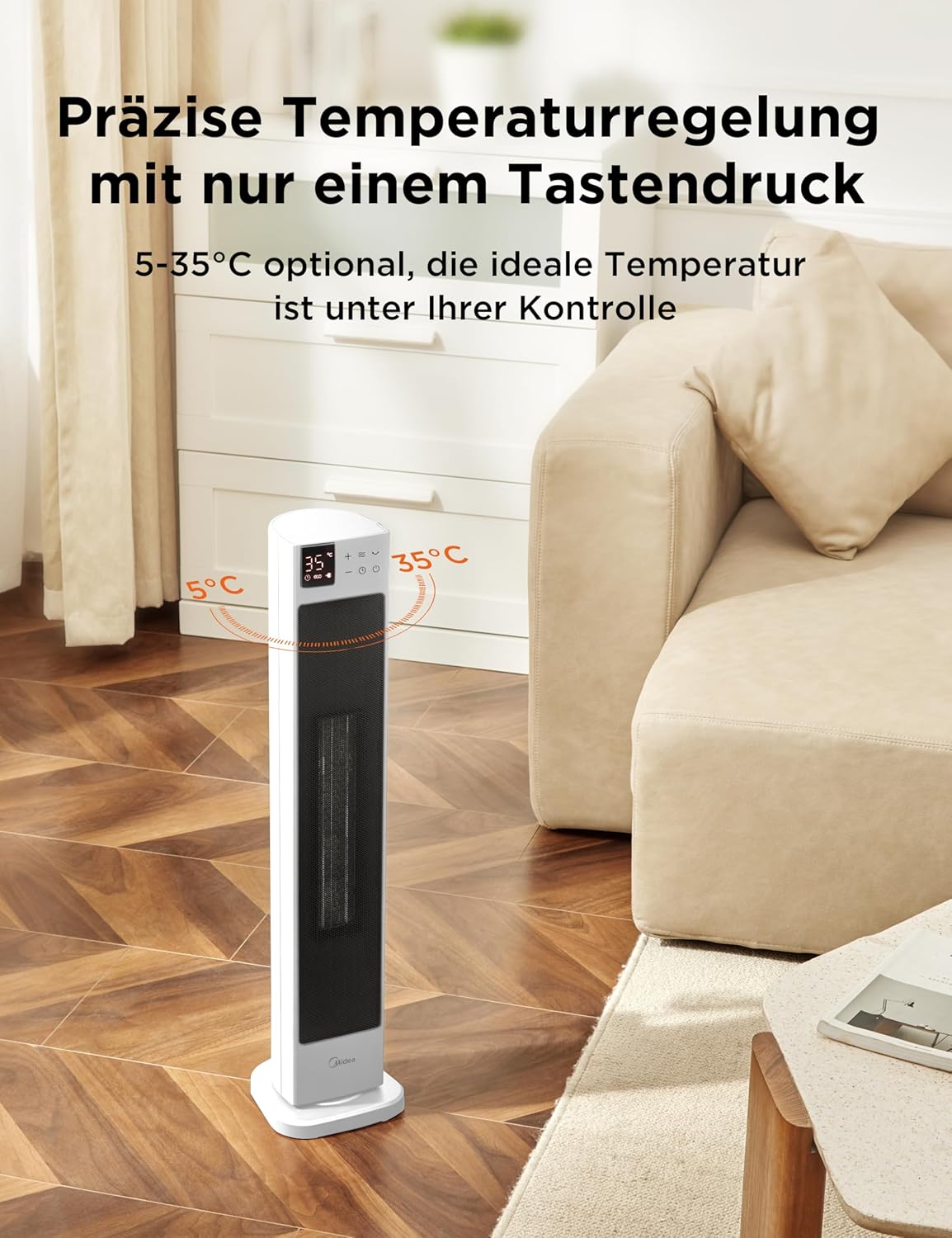 Midea NTH20-22ER(WH) Heizlüfter Energiesparend Leise mit Fernbedienung,PTC 2000 Watt Keramik Heizlüfter mit Thermostat, 2 Heizstufen, 24H Timer, ECO-Modus，für große Räume, 75°-Oszillation, 58CM, Weiß