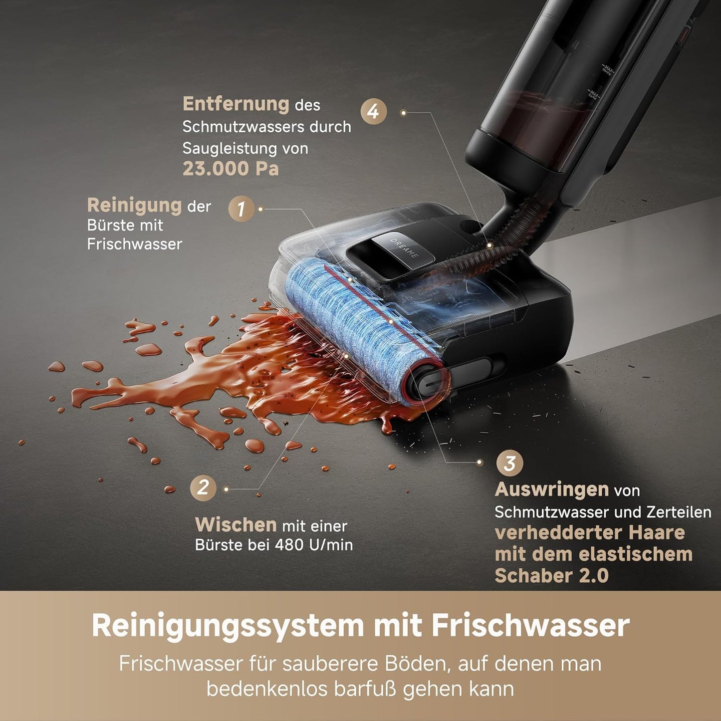 dreame H15 Mix 7-in-1 Nass- und Trockensauger, KI-Roboterarm, Kantenreinigung, 23.000 Pa Saugkraft, intelligente Dosierung, verhedderungsfrei, 100 °C Bürstenrein, 5 Min. 90 °C Trocknung, flach