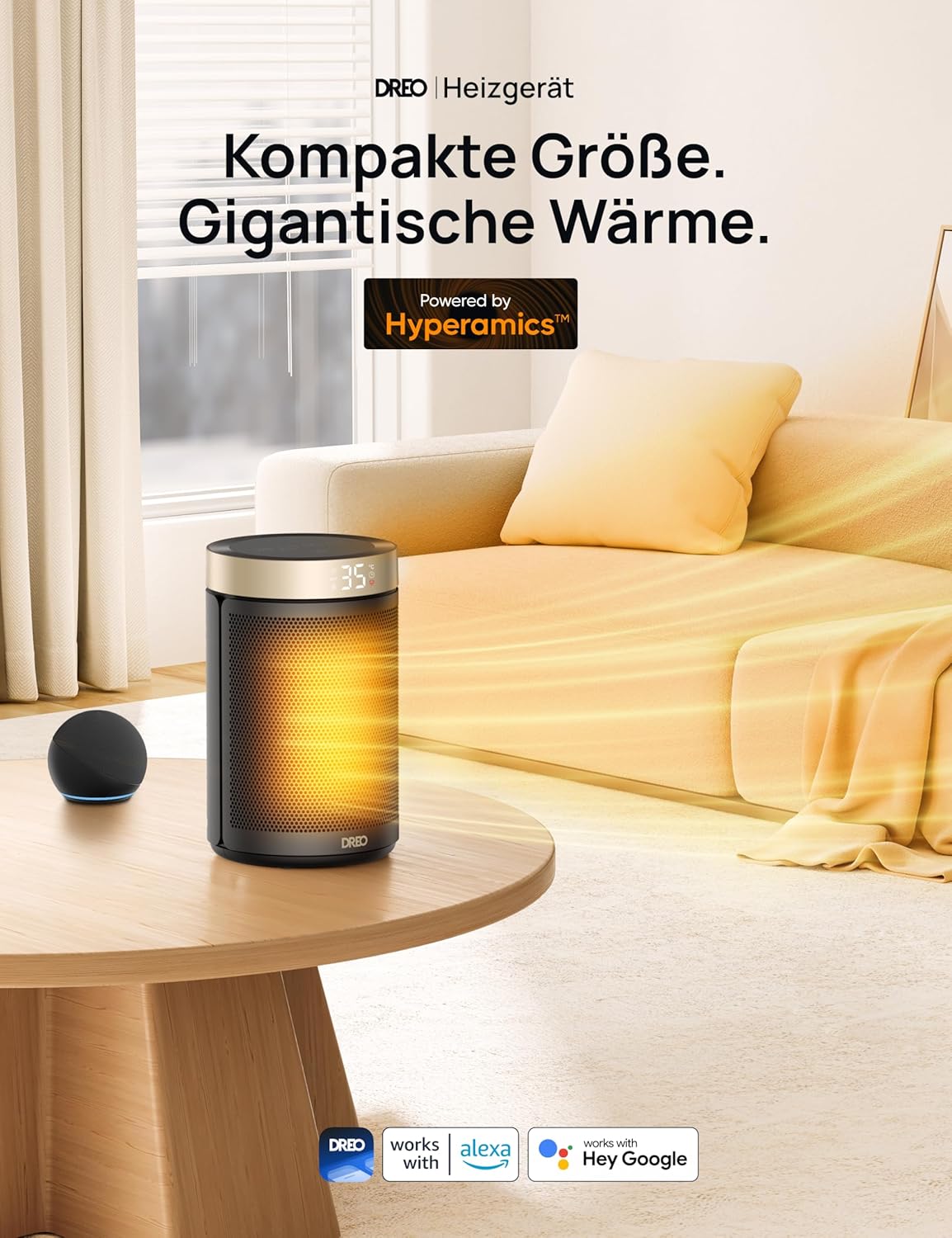 Dreo Energiesparender Heizlüfter, 34 dB Leiser 1500W Elektrischer PTC Keramik, Thermostat, Überhitzungs- & Kippschutz, 12 Std. Timer, Elektroheizung für Räume Schlafzimmer, Atom 316, Gold
