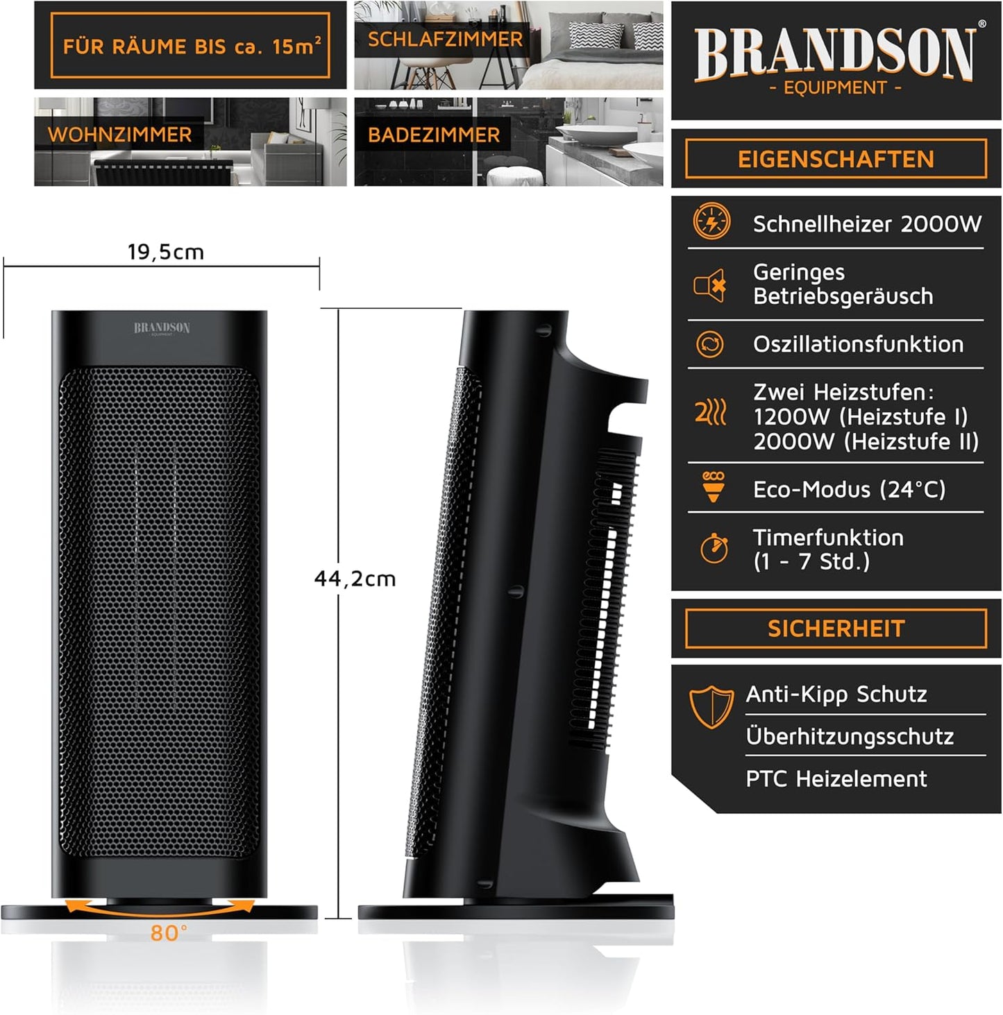 Brandson - Heizlüfter mit Fernbedienung - Preisträger - energiesparend leise Keramik-Heizlüfter Badezimmer - Oszillationsfunktion - Timer - Heizung Heater - GS zertifiziert