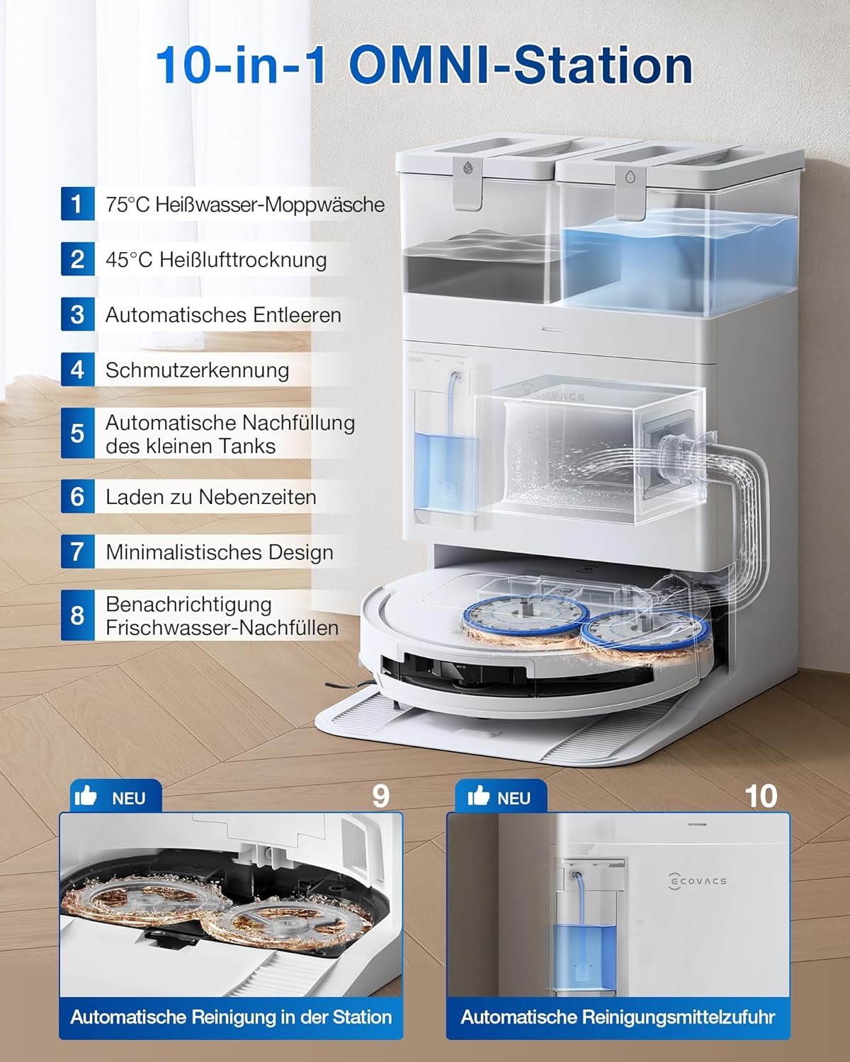 ECOVACS DEEBOT T50 Omni Saugroboter mit Wischfunktion,15.000 Pa, T30 Omni-Upgrade, Ausziehbare Seitenbürste und Mopp, ZeroTangle 2.0, Moppwäsche mit 75°C heißem Wasser, All-in-One Station
