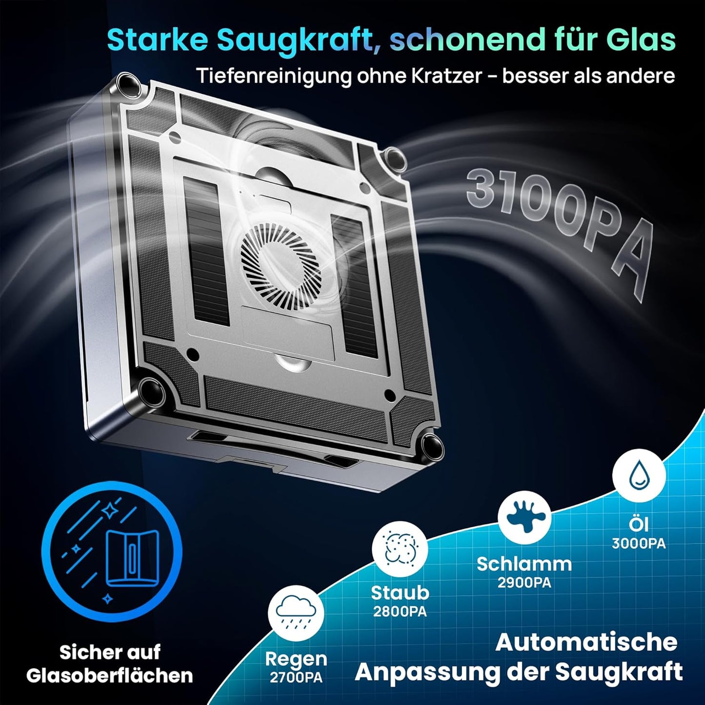 ClevioniQ X9 Pro Elektrischer Fensterputzer – Intelligenter Fensterputzroboter mit 4-Wege-Sprühfunktion, Präziser Navigation, Randerkennung, LED-Status, Leisem Betrieb & Deutscher Sprachausgabe