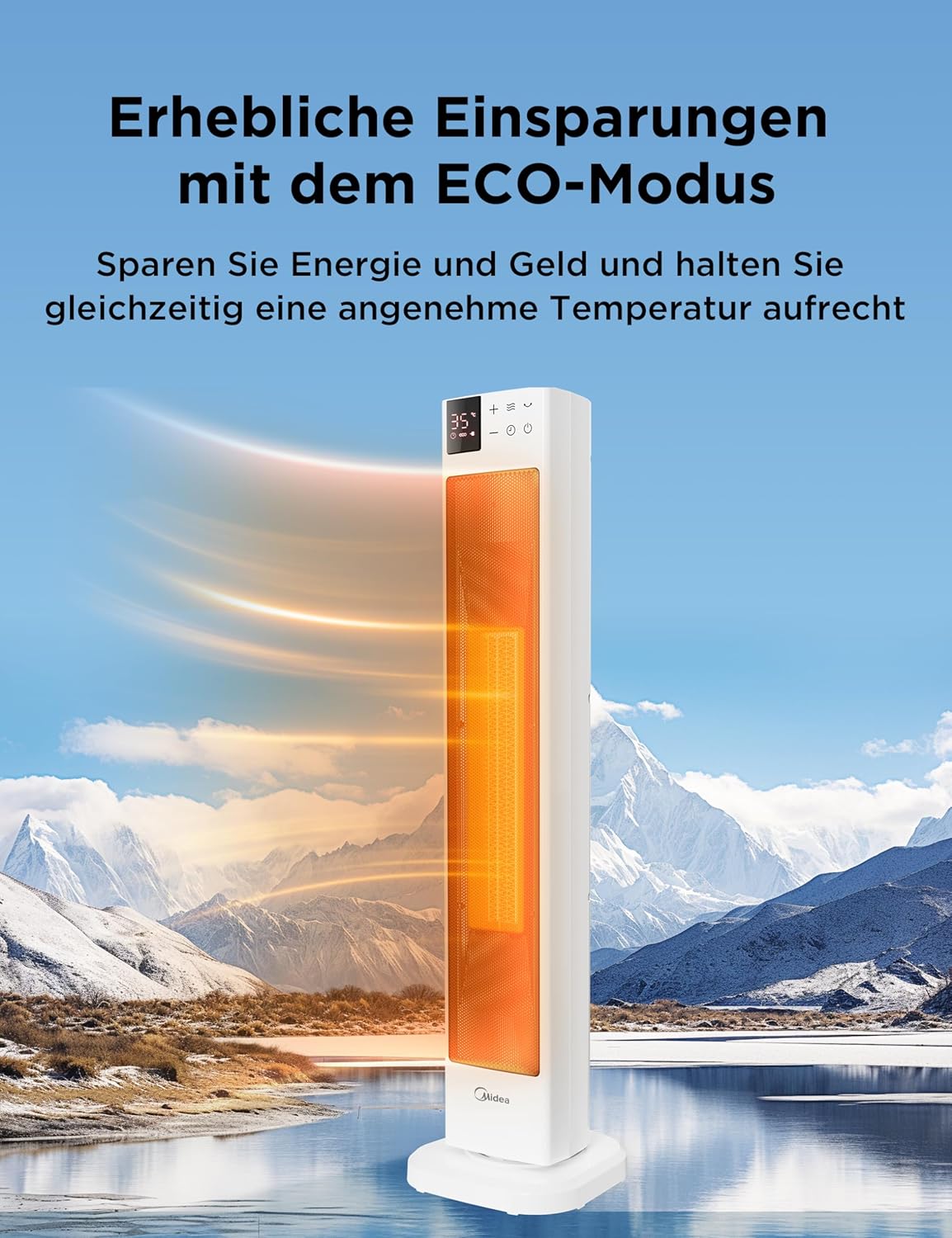 Midea NTH20-22ER(WH) Heizlüfter Energiesparend Leise mit Fernbedienung,PTC 2000 Watt Keramik Heizlüfter mit Thermostat, 2 Heizstufen, 24H Timer, ECO-Modus，für große Räume, 75°-Oszillation, 58CM, Weiß