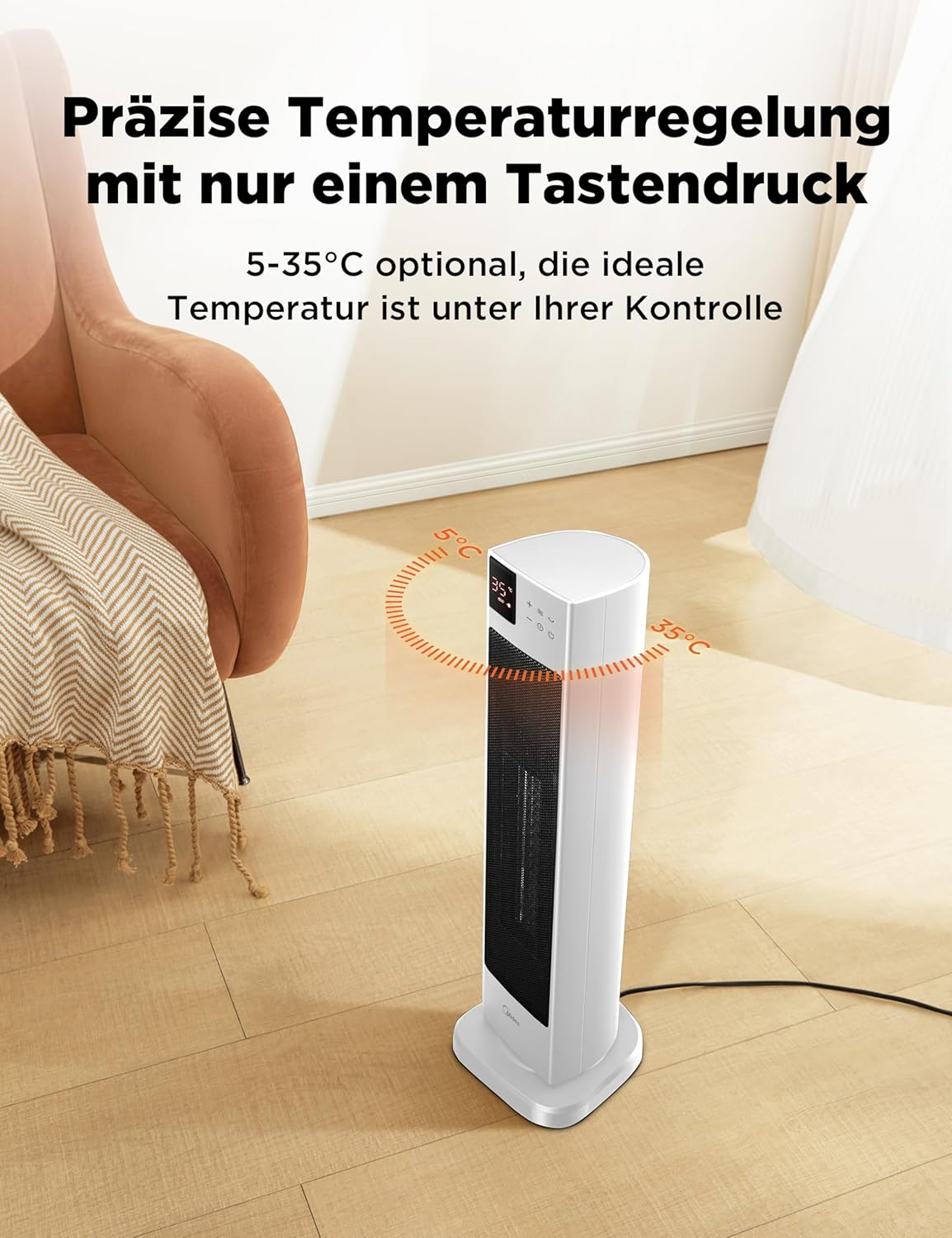 Midea NTH20-22ER(WH) Heizlüfter Energiesparend Leise mit Fernbedienung,PTC 2000 Watt Keramik Heizlüfter mit Thermostat, 2 Heizstufen, 24H Timer, ECO-Modus，für große Räume, 75°-Oszillation, 58CM, Weiß