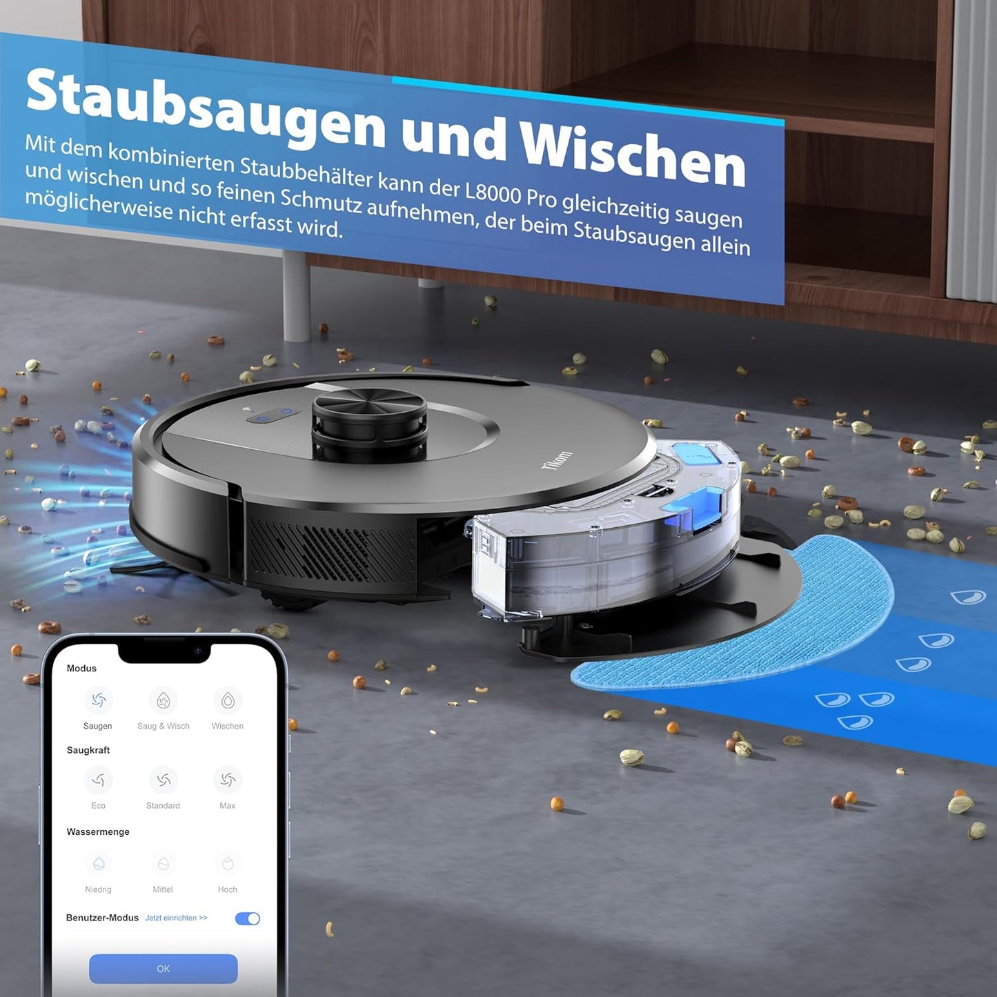 Tikom Saugroboter mit Wischfunktion, 6000Pa Staubsauger Roboter mit LiDAR Navigation, 150Min Max, APP Steuerung, 14 No-Go-Zonen, Saug und Wischroboter für Tierhaare, Teppiche und Hartboden(L8000 Pro)