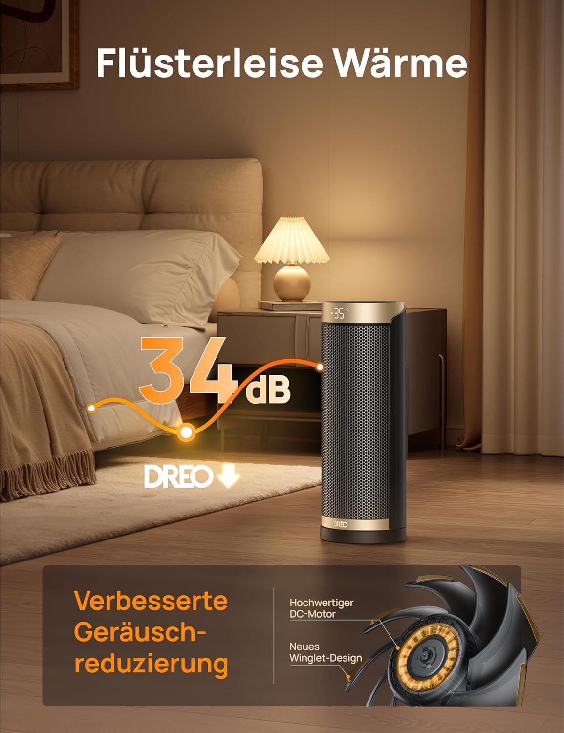 Dreo Heizlüfter Energiesparend, PTC Keramik Heizlüfte Leise, 70° Oszillierend Elektroheizung mit Fernbedienung, 12-Std-Timer, 3 Modus 3 Geschwindigkeit, Überhitzungs-Kippschutz, Solaris Slim H3