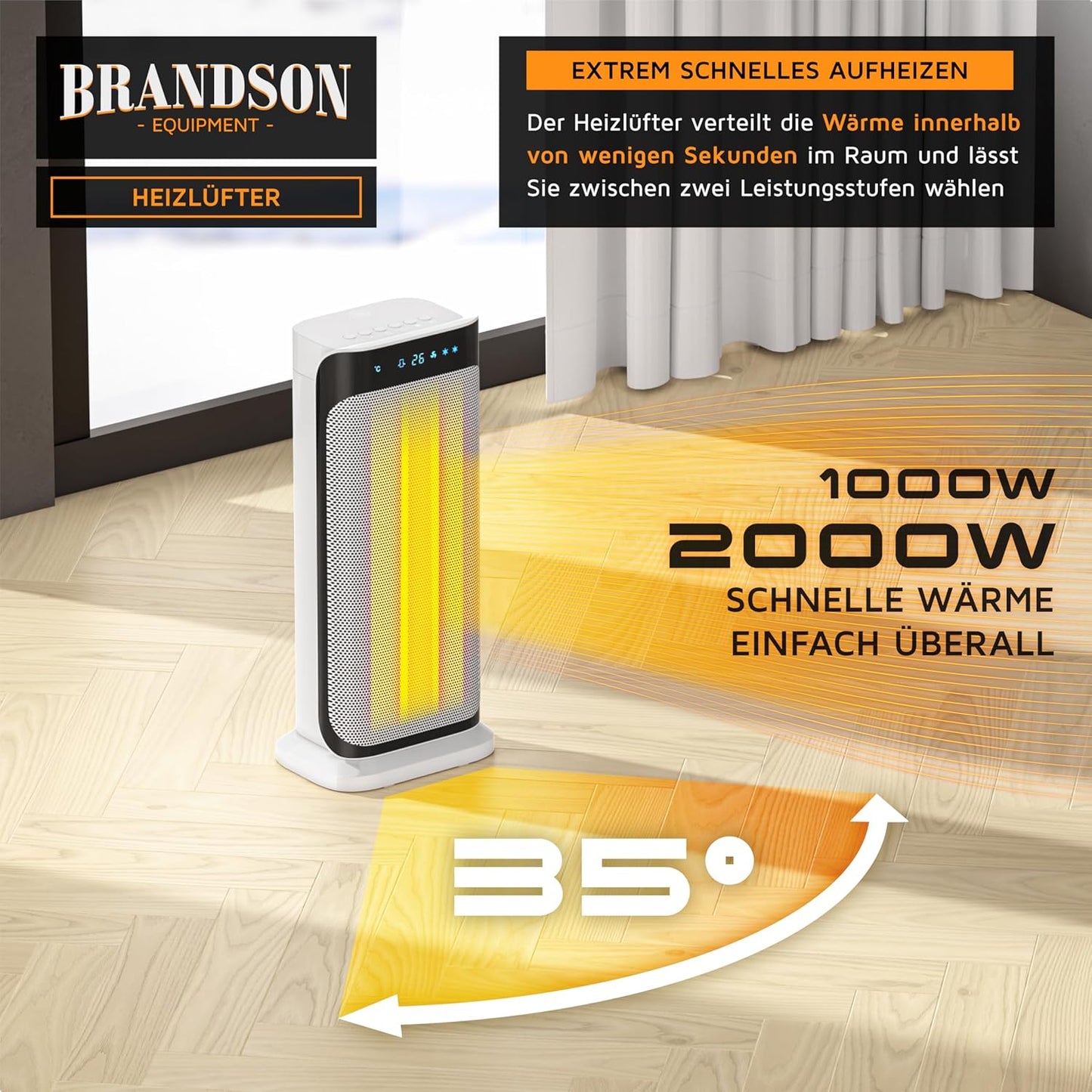 Brandson - Heizlüfter mit Fernbedienung - Preisträger - energiesparend leise Keramik-Heizlüfter Badezimmer - Oszillationsfunktion - Timer - Heizung Heater - GS zertifiziert