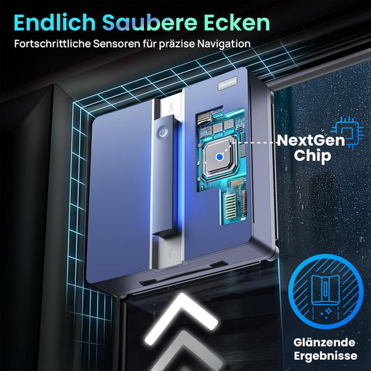 ClevioniQ X9 Pro Elektrischer Fensterputzer – Intelligenter Fensterputzroboter mit 4-Wege-Sprühfunktion, Präziser Navigation, Randerkennung, LED-Status, Leisem Betrieb & Deutscher Sprachausgabe