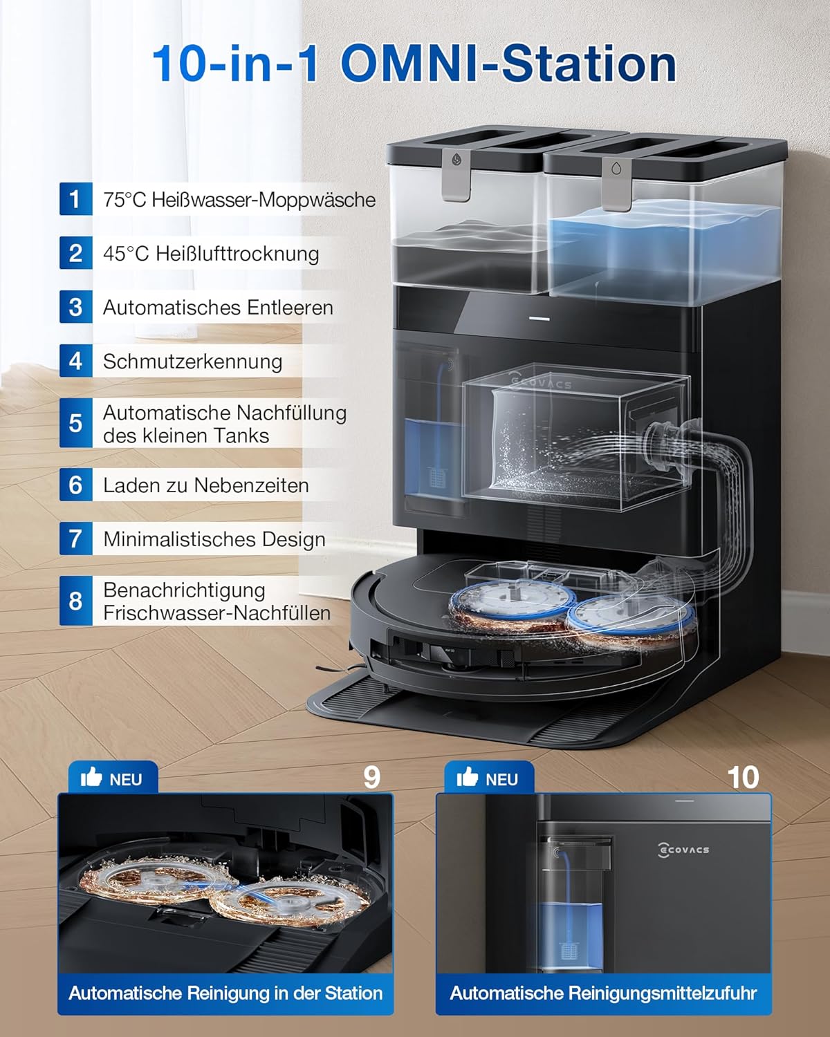 ECOVACS DEEBOT T50 Omni Saugroboter mit Wischfunktion,15.000 Pa, T30 Omni-Upgrade, Ausziehbare Seitenbürste und Mopp, ZeroTangle 2.0, Moppwäsche mit 75°C heißem Wasser, All-in-One Station