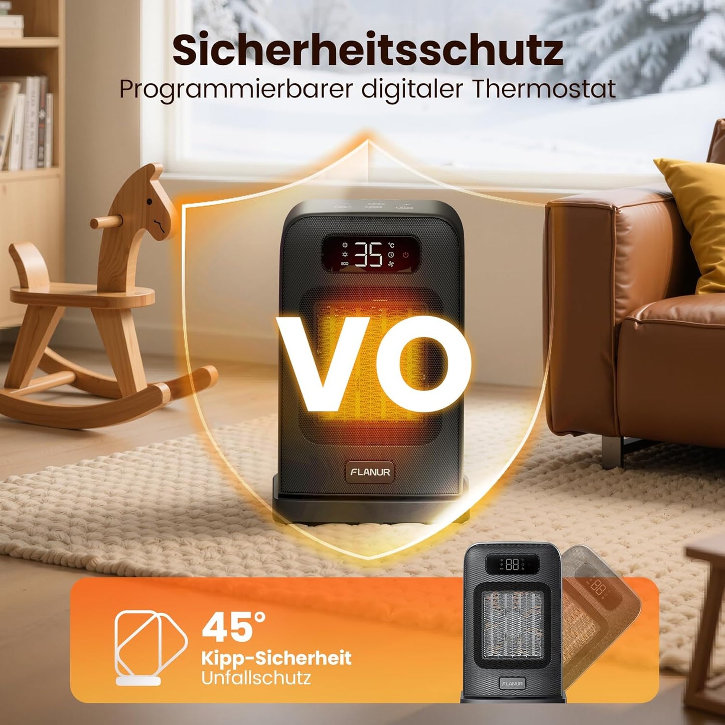 FLANUR Tragbarer Heizlüfter mit Thermostat, 1500W PTC-Keramik-Schnellheizung & ECO-Modus - 2-in-1-Heizlüfter, Digitalanzeige, 12-Stunden-Timer, unter 35dB leiser Heizlüfter-Schwarz, 1Pack+2Modes
