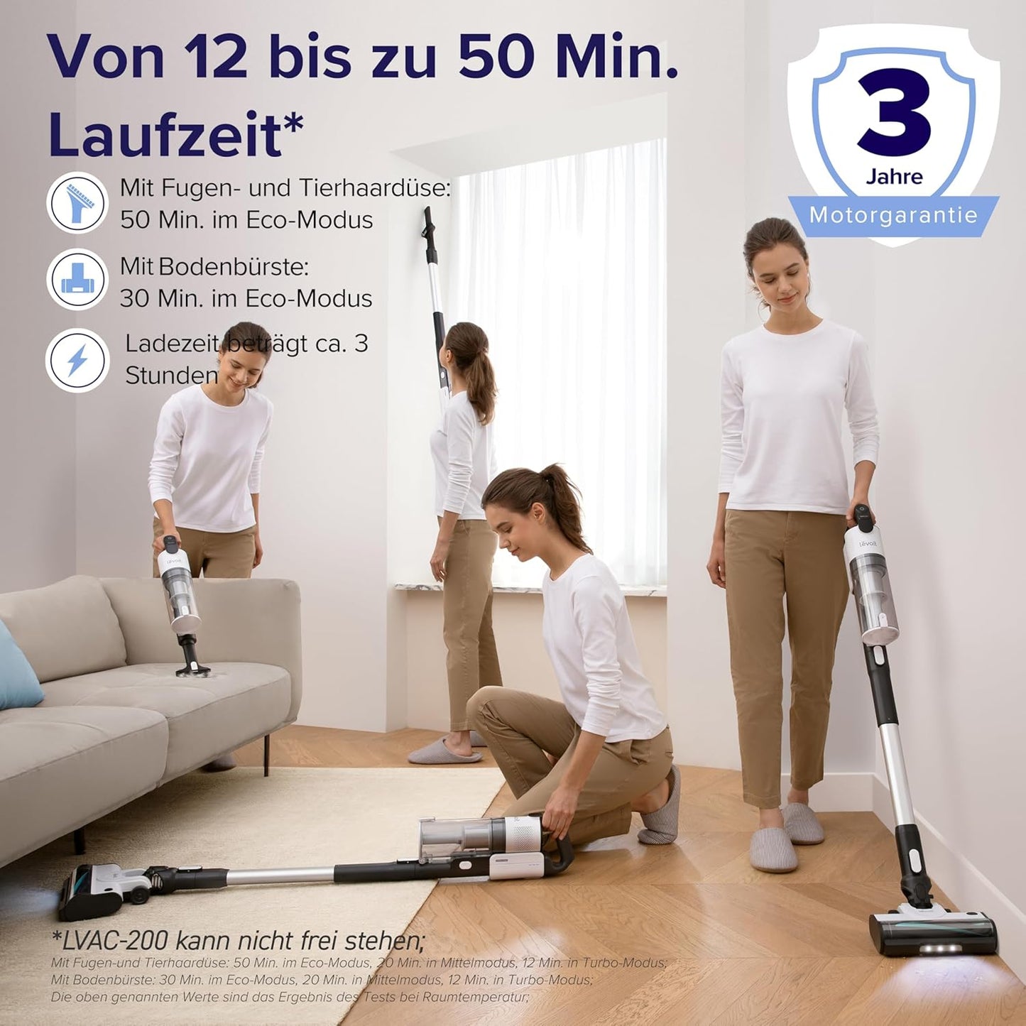Levoit - Akku Staubsauger - Laufzeit für 75㎡ - Staubsauger Kabellos - 4-in-1 Vacuum Cleaner - 99,9 Prozent Filterleistung - Anti Tangle -Für Tierhaare/Teppiche/Hartböden/Auto - LVAC-200