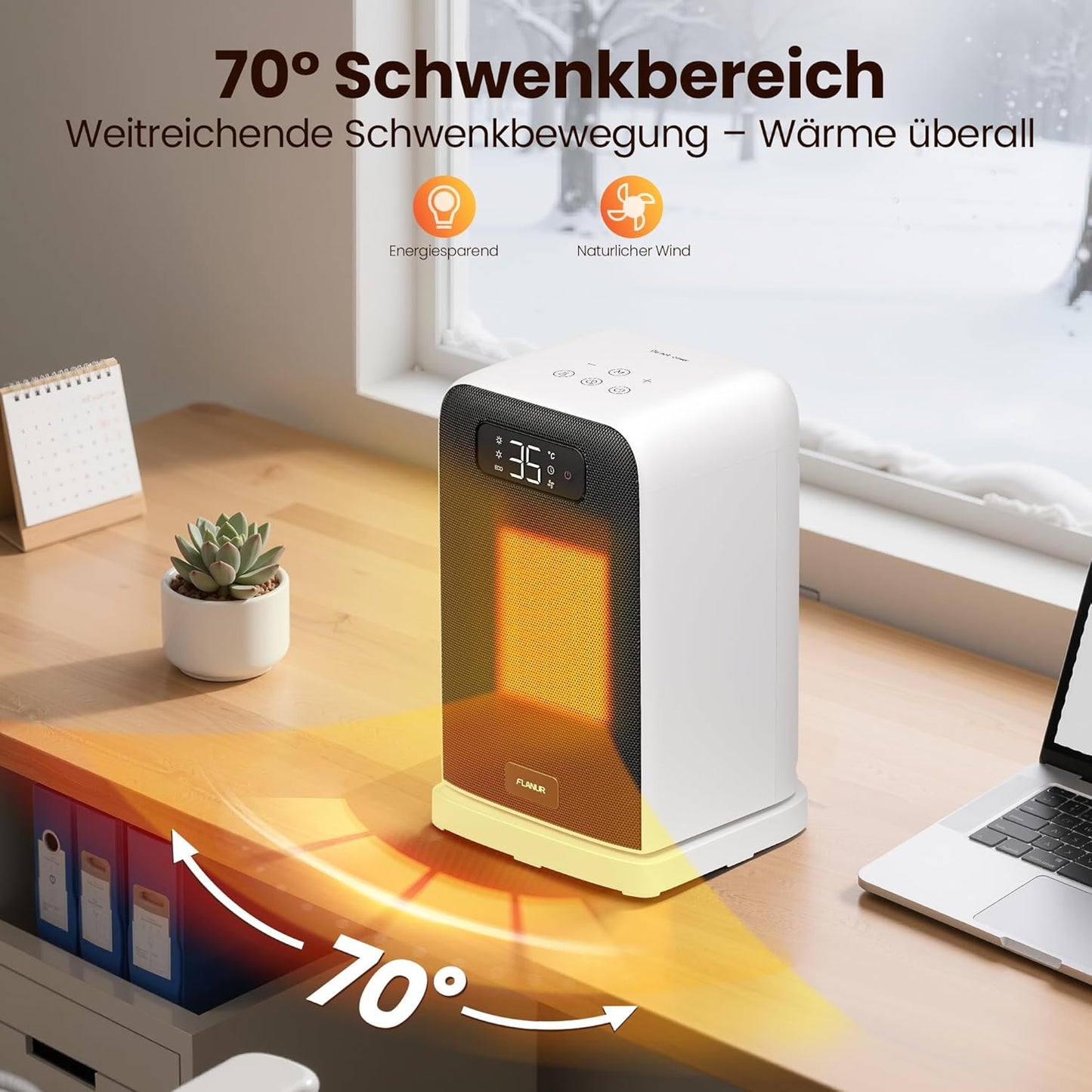 FLANUR Tragbarer Heizlüfter mit Thermostat, 1500W PTC-Keramik-Schnellheizung & ECO-Modus - 2-in-1-Heizlüfter, Digitalanzeige, 12-Stunden-Timer, unter 35dB leiser Heizlüfter-Schwarz, 1Pack+2Modes