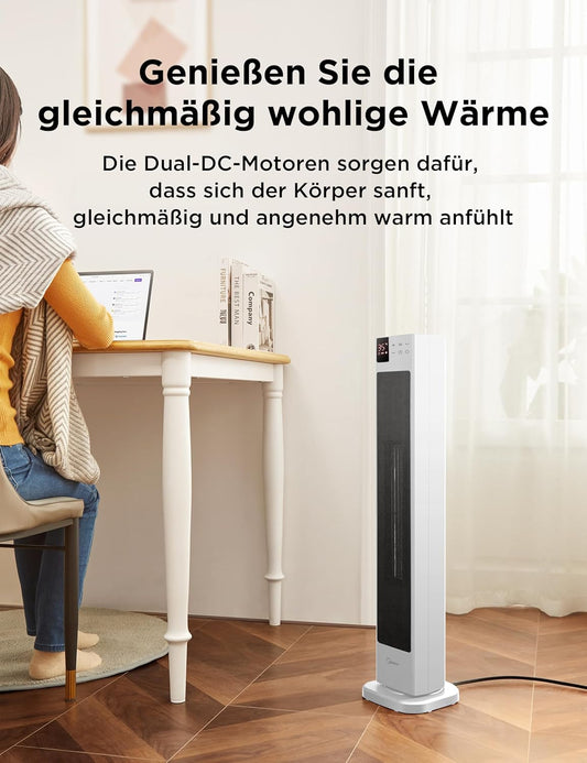 Midea NTH20-22ER(WH) Heizlüfter Energiesparend Leise mit Fernbedienung,PTC 2000 Watt Keramik Heizlüfter mit Thermostat, 2 Heizstufen, 24H Timer, ECO-Modus，für große Räume, 75°-Oszillation, 58CM, Weiß