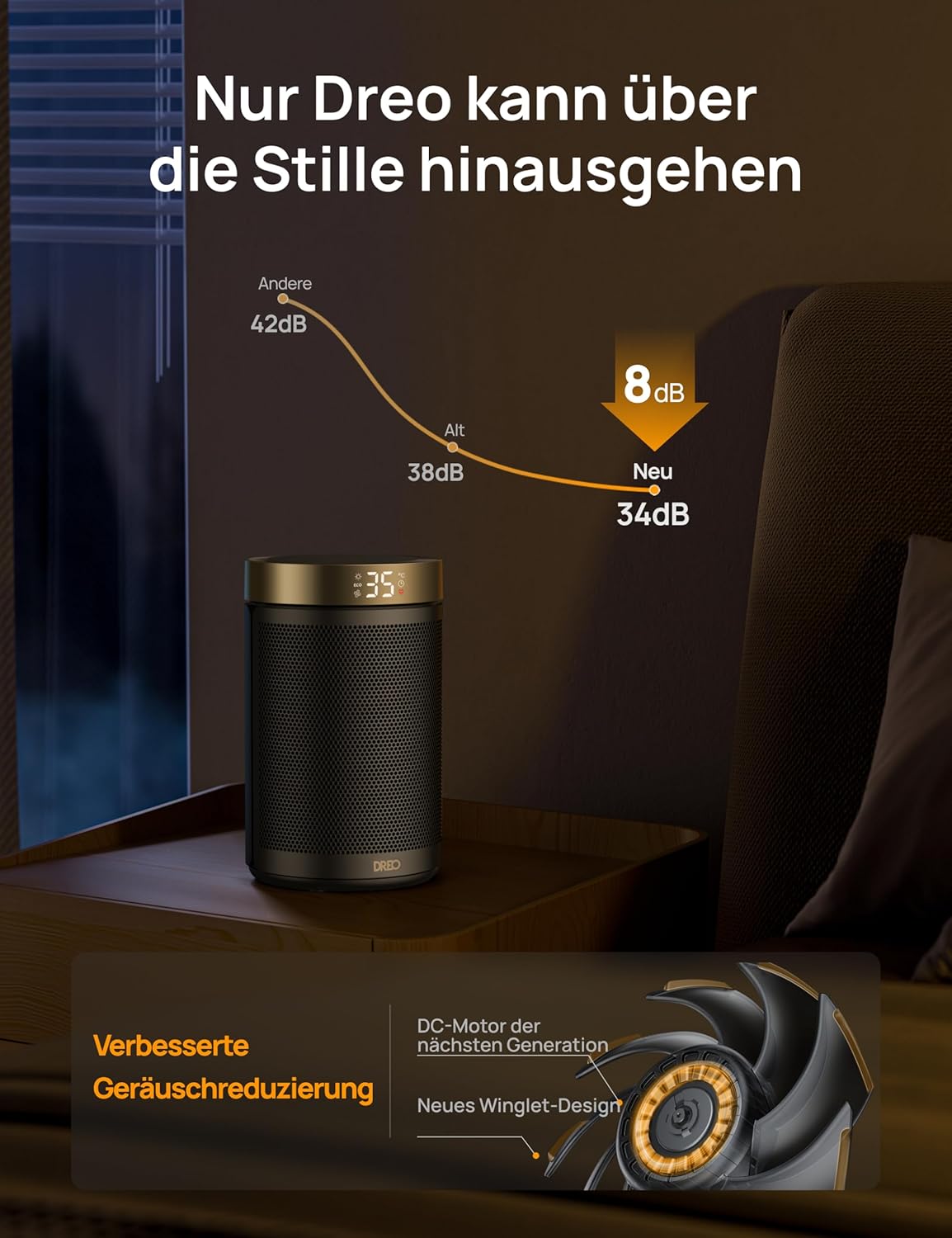 Dreo Energiesparender Heizlüfter, 34 dB Leiser 1500W Elektrischer PTC Keramik, Thermostat, Überhitzungs- & Kippschutz, 12 Std. Timer, Elektroheizung für Räume Schlafzimmer, Atom 316, Gold