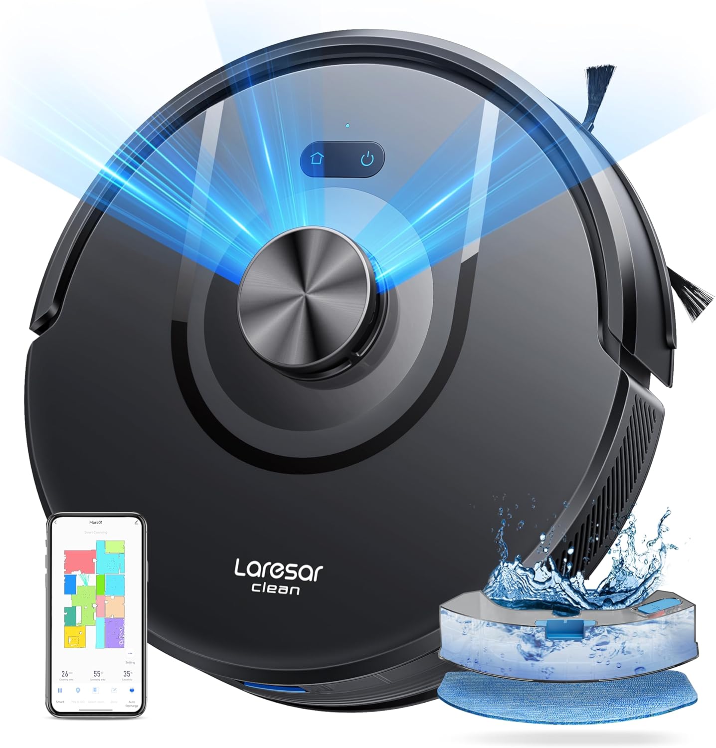 Laresar Clean Saugroboter mit Wischfunktion 3 in 1, 5000Pa Staubsauger Roboter mit Laser Navigation, 180Mins Max, Saugroboter Ideal für Tierhaare,Teppich, Hartboden, APP Steuerung, 15 No-Go