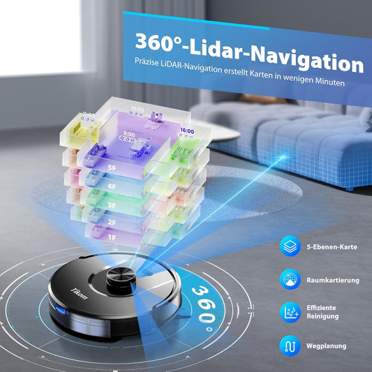 Tikom Saugroboter mit Wischfunktion, 6000Pa Staubsauger Roboter mit LiDAR Navigation, 150Min Max, APP Steuerung, 14 No-Go-Zonen, Saug und Wischroboter für Tierhaare, Teppiche und Hartboden(L8000 Pro)