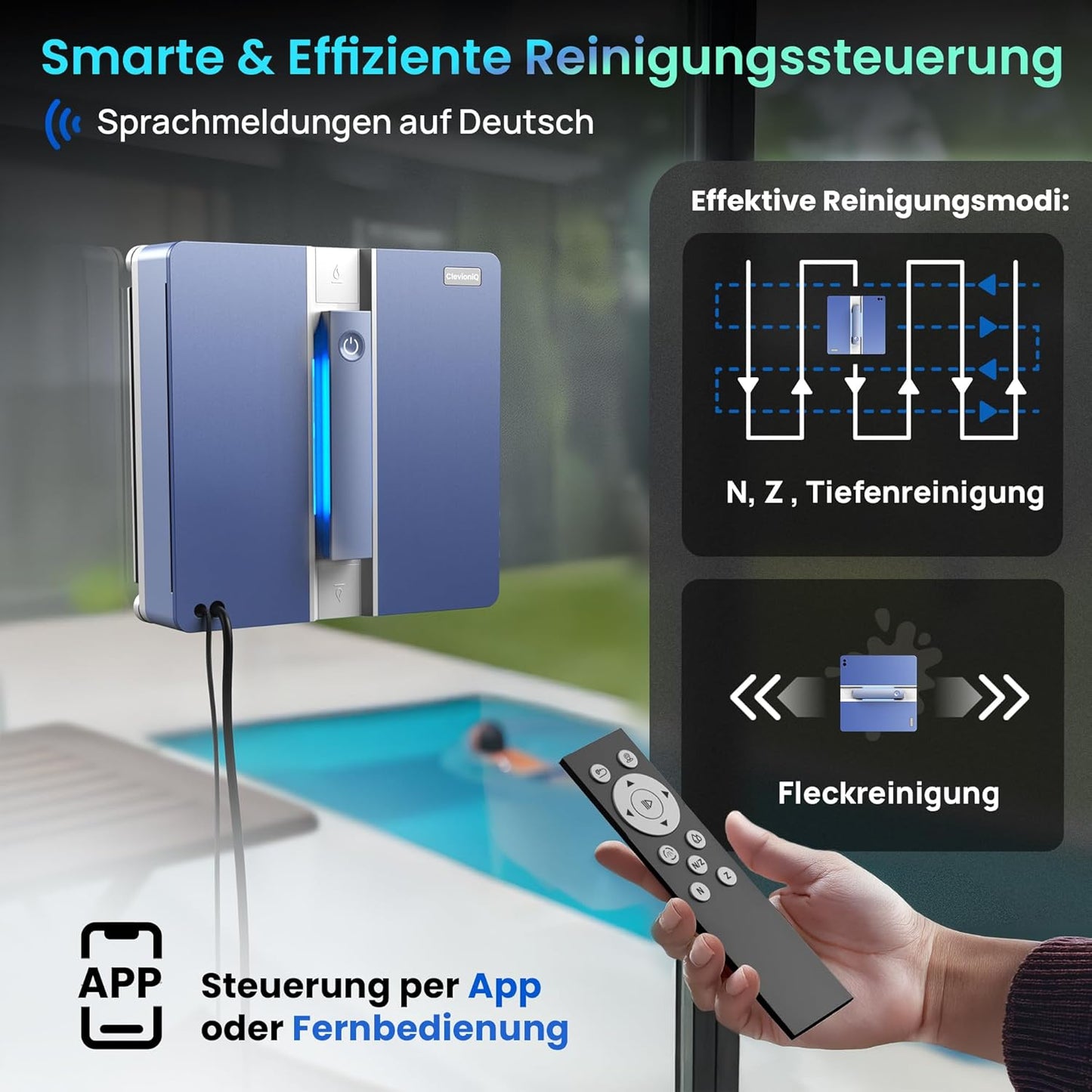 ClevioniQ X9 Pro Elektrischer Fensterputzer – Intelligenter Fensterputzroboter mit 4-Wege-Sprühfunktion, Präziser Navigation, Randerkennung, LED-Status, Leisem Betrieb & Deutscher Sprachausgabe