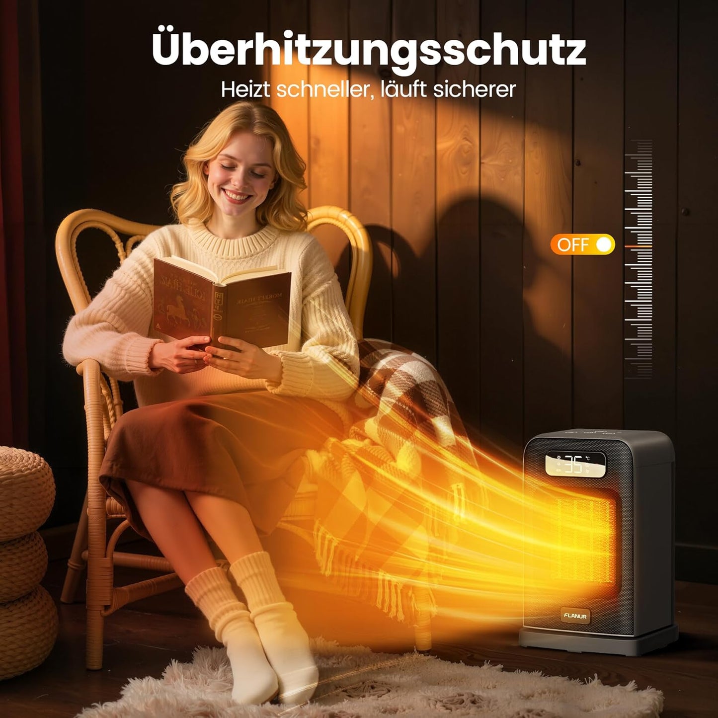 FLANUR Tragbarer Heizlüfter mit Thermostat, 1500W PTC-Keramik-Schnellheizung & ECO-Modus - 2-in-1-Heizlüfter, Digitalanzeige, 12-Stunden-Timer, unter 35dB leiser Heizlüfter-Schwarz, 1Pack+2Modes
