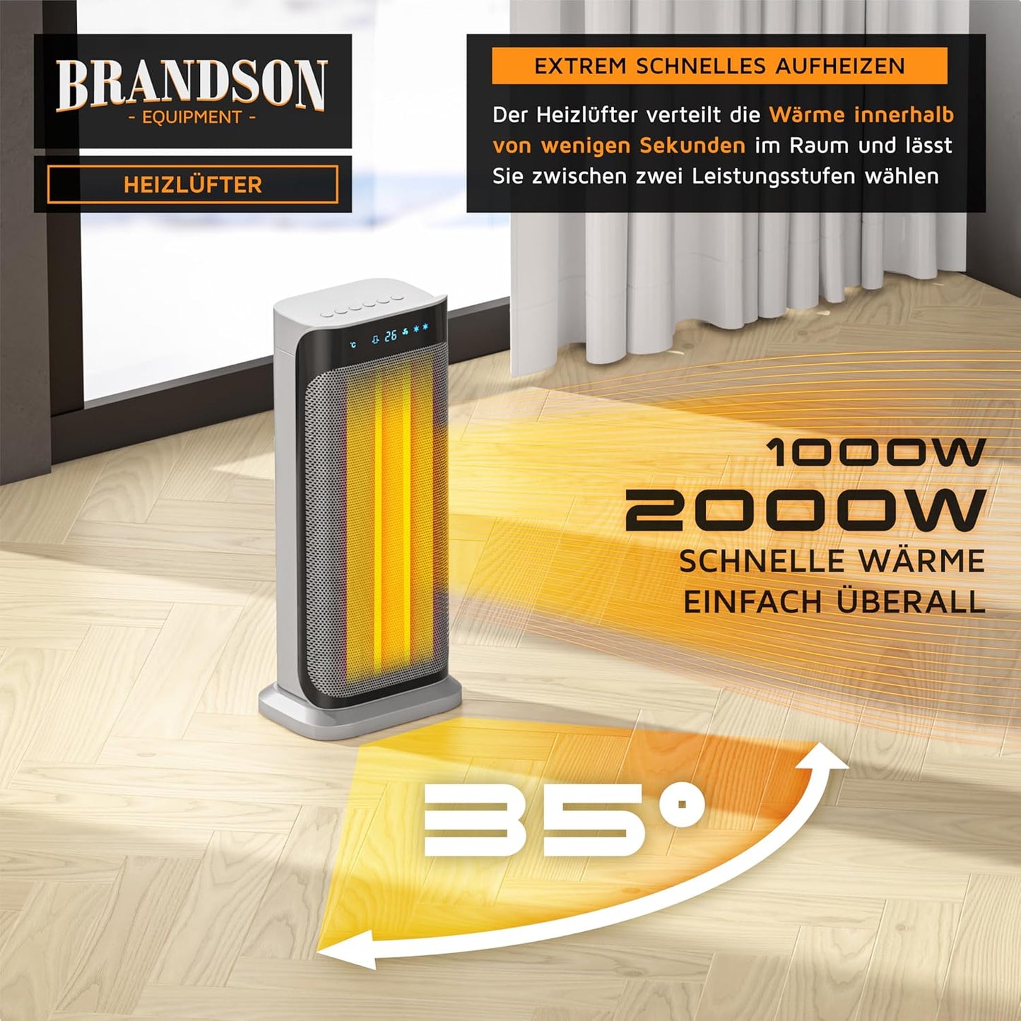 Brandson - Heizlüfter mit Fernbedienung - Preisträger - energiesparend leise Keramik-Heizlüfter Badezimmer - Oszillationsfunktion - Timer - Heizung Heater - GS zertifiziert