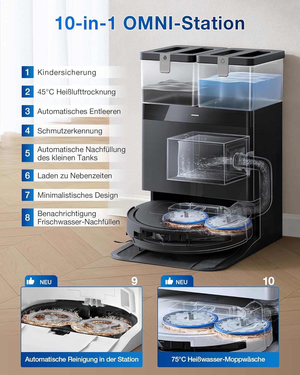 ECOVACS DEEBOT T50 Omni Saugroboter mit Wischfunktion,15.000 Pa, T30 Omni-Upgrade, Ausziehbare Seitenbürste und Mopp, ZeroTangle 2.0, Moppwäsche mit 75°C heißem Wasser, All-in-One Station