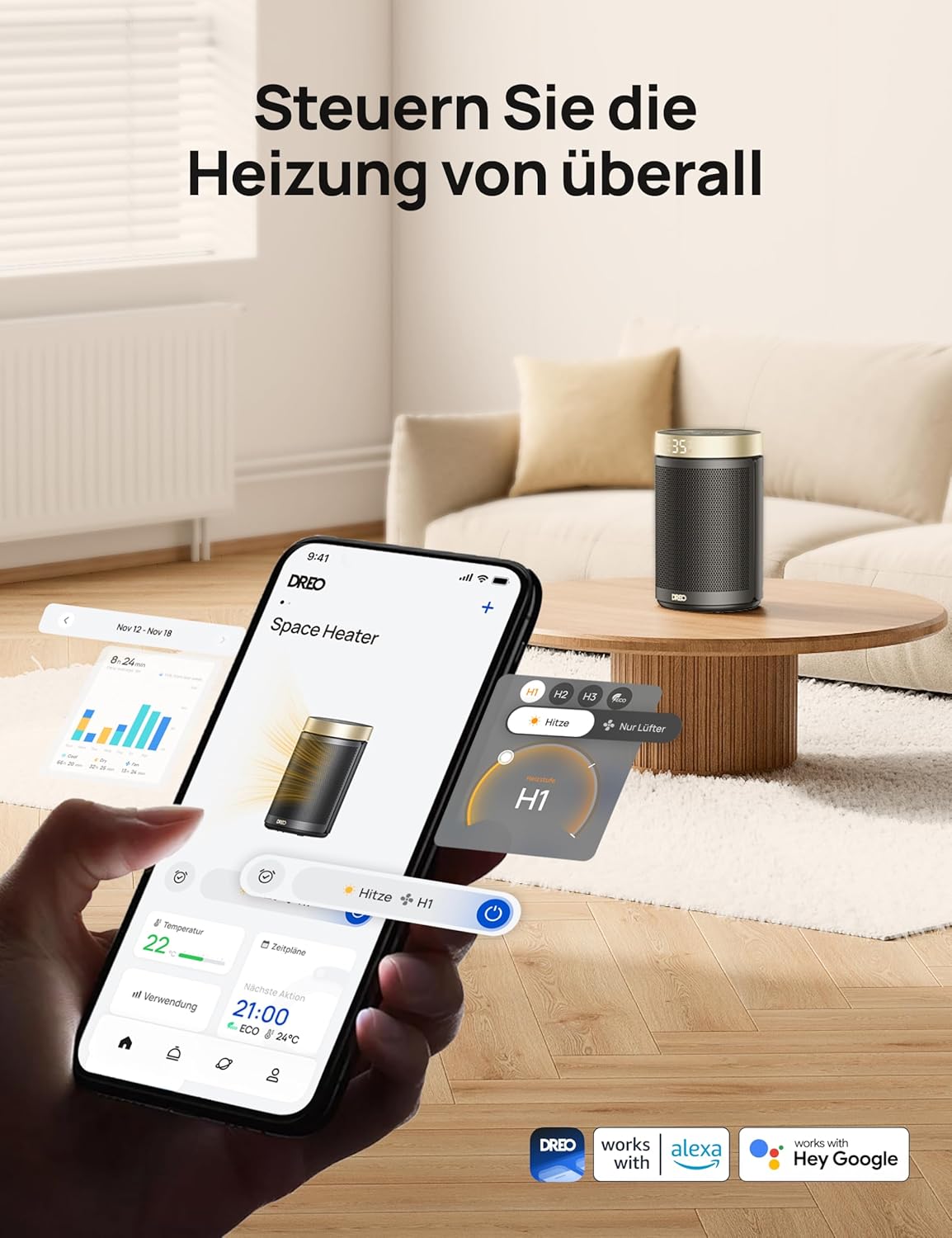 Dreo Energiesparender Heizlüfter, 34 dB Leiser 1500W Elektrischer PTC Keramik, Thermostat, Überhitzungs- & Kippschutz, 12 Std. Timer, Elektroheizung für Räume Schlafzimmer, Atom 316, Gold