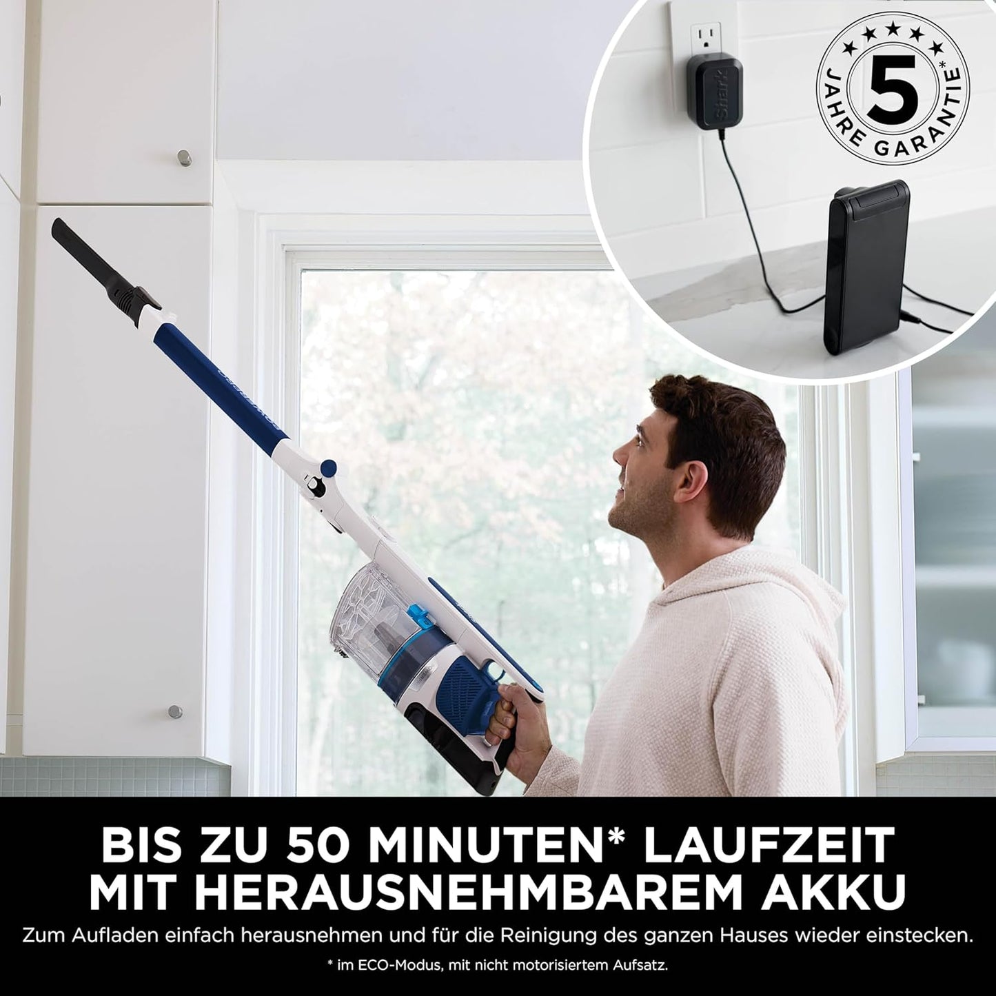 Shark PowerPro Akku-Staubsauger freistehend, bis 50 Min. Laufzeit, kabellos, beutellos, für Tierhaare, Allergiker, Teppich und Hartböden, mit LED-Licht und Knickgelenk-Rohr, Navyblau, IZ380EU