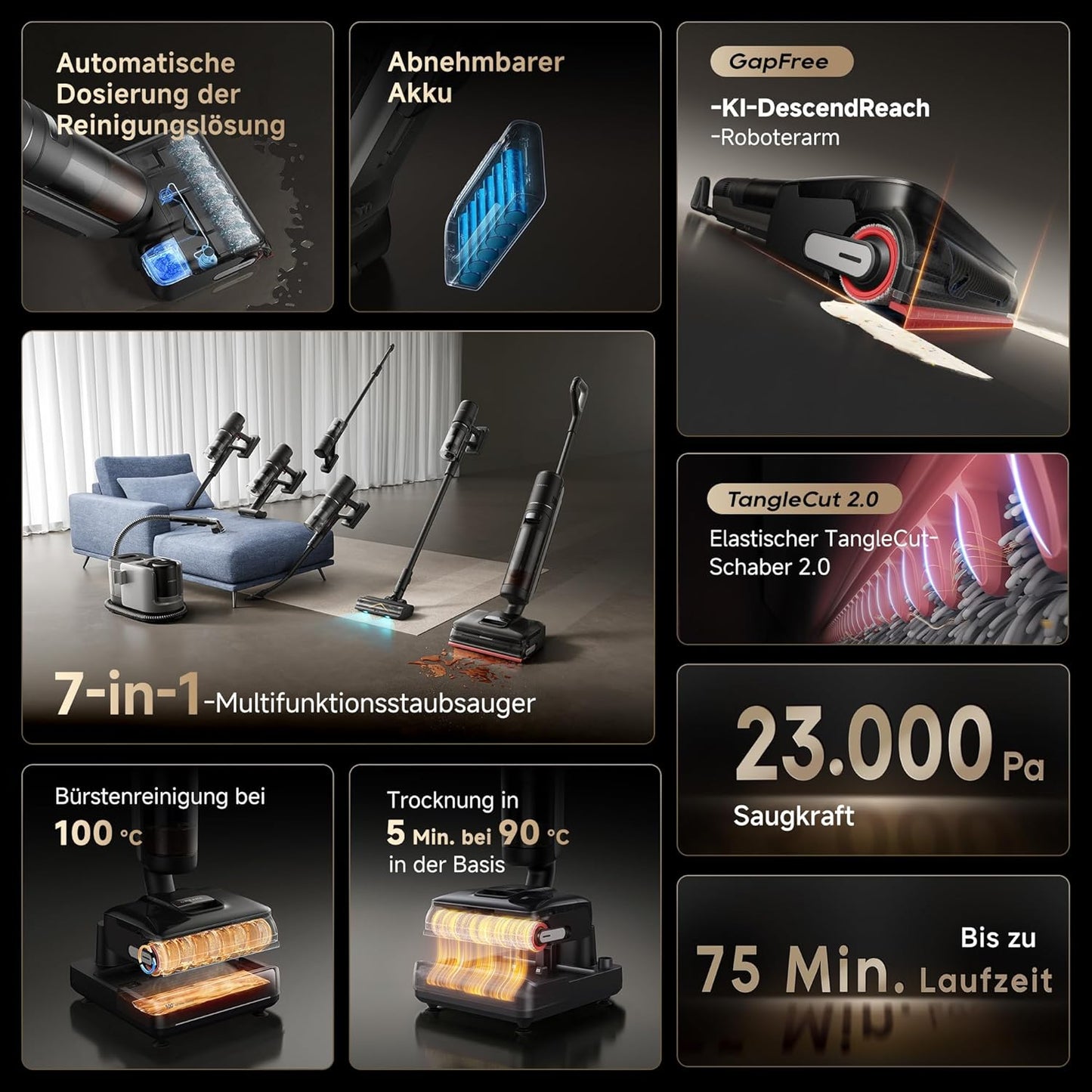 dreame H15 Mix 7-in-1 Nass- und Trockensauger, KI-Roboterarm, Kantenreinigung, 23.000 Pa Saugkraft, intelligente Dosierung, verhedderungsfrei, 100 °C Bürstenrein, 5 Min. 90 °C Trocknung, flach