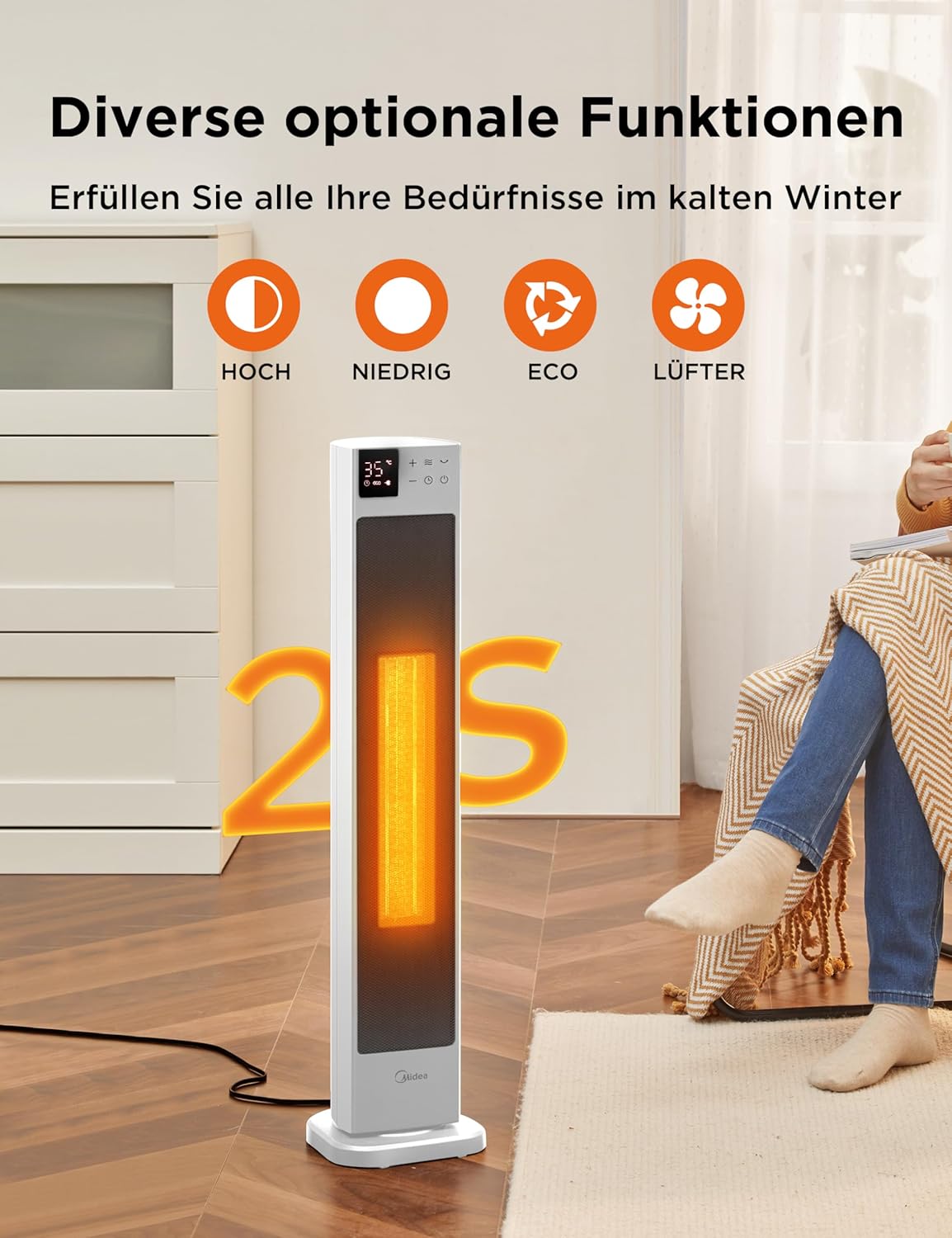 Midea NTH20-22ER(WH) Heizlüfter Energiesparend Leise mit Fernbedienung,PTC 2000 Watt Keramik Heizlüfter mit Thermostat, 2 Heizstufen, 24H Timer, ECO-Modus，für große Räume, 75°-Oszillation, 58CM, Weiß