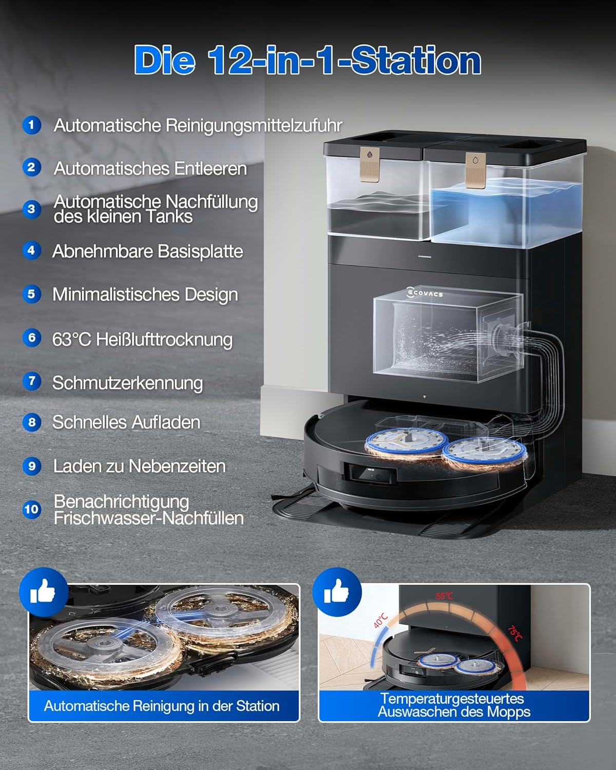 ECOVACS DEEBOT T50 Omni Saugroboter mit Wischfunktion,15.000 Pa, T30 Omni-Upgrade, Ausziehbare Seitenbürste und Mopp, ZeroTangle 2.0, Moppwäsche mit 75°C heißem Wasser, All-in-One Station