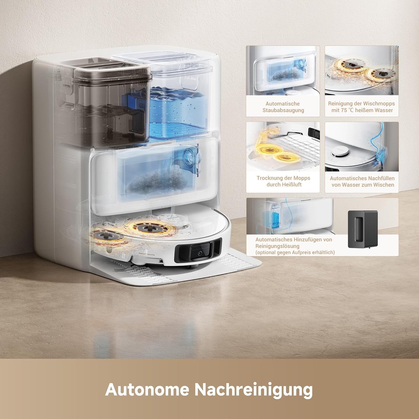 Mova P50 Pro Ultra Staubsaugerroboter mit Mopp, 19.000 Pa, 75℃ Selbstreinigender Heißwasser-Mopp mit Auszug Seitenbürste, LDS-Navigation,+RGB AI+LED-Hindernisvermeidung, Auto-Entleerung/Nachfüllen