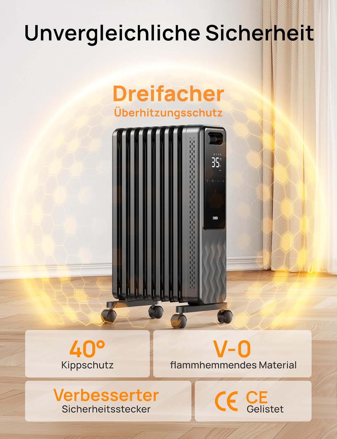 Dreo Ölradiator Energiesparend 2000W, Mobile Elektroheizung 9 Rippen mit Fernbedienung, 3 Heizstufen, 4 Modus, 24h Timer, Überhitzungs-Kippschutz, Radiatoren Elektrisch Heizung mit Thermostat, OH310