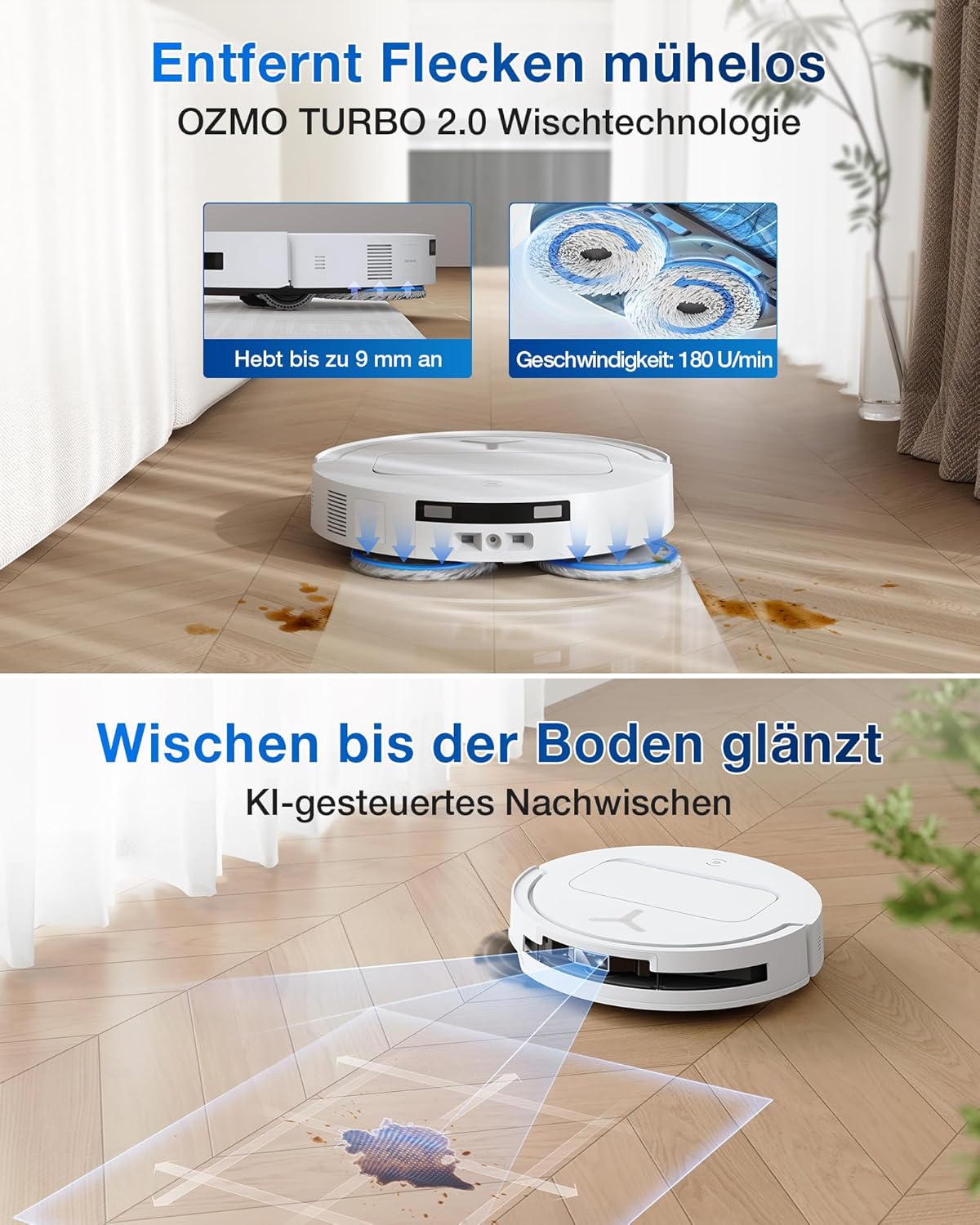 ECOVACS DEEBOT T50 Omni Saugroboter mit Wischfunktion,15.000 Pa, T30 Omni-Upgrade, Ausziehbare Seitenbürste und Mopp, ZeroTangle 2.0, Moppwäsche mit 75°C heißem Wasser, All-in-One Station