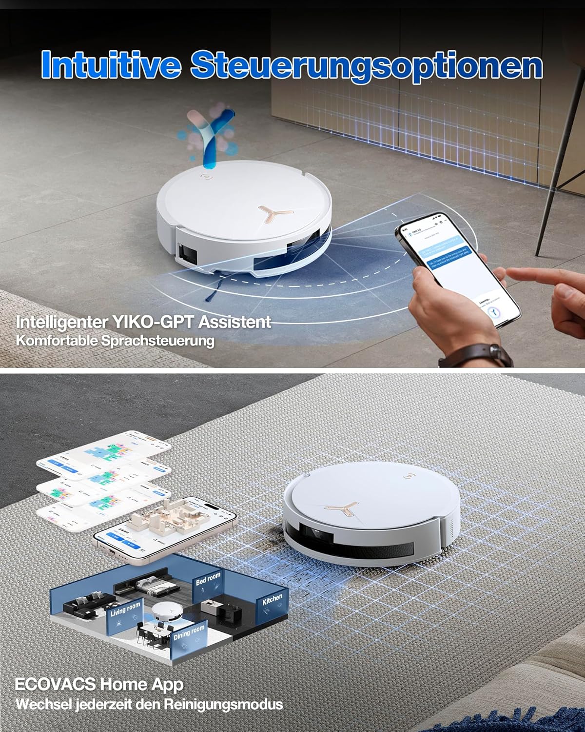 ECOVACS DEEBOT T50 Omni Saugroboter mit Wischfunktion,15.000 Pa, T30 Omni-Upgrade, Ausziehbare Seitenbürste und Mopp, ZeroTangle 2.0, Moppwäsche mit 75°C heißem Wasser, All-in-One Station