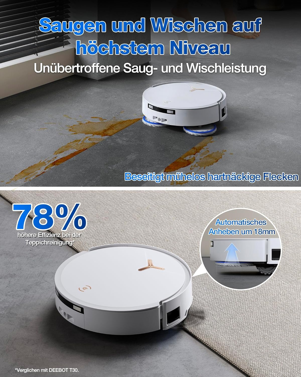 ECOVACS DEEBOT T50 Omni Saugroboter mit Wischfunktion,15.000 Pa, T30 Omni-Upgrade, Ausziehbare Seitenbürste und Mopp, ZeroTangle 2.0, Moppwäsche mit 75°C heißem Wasser, All-in-One Station