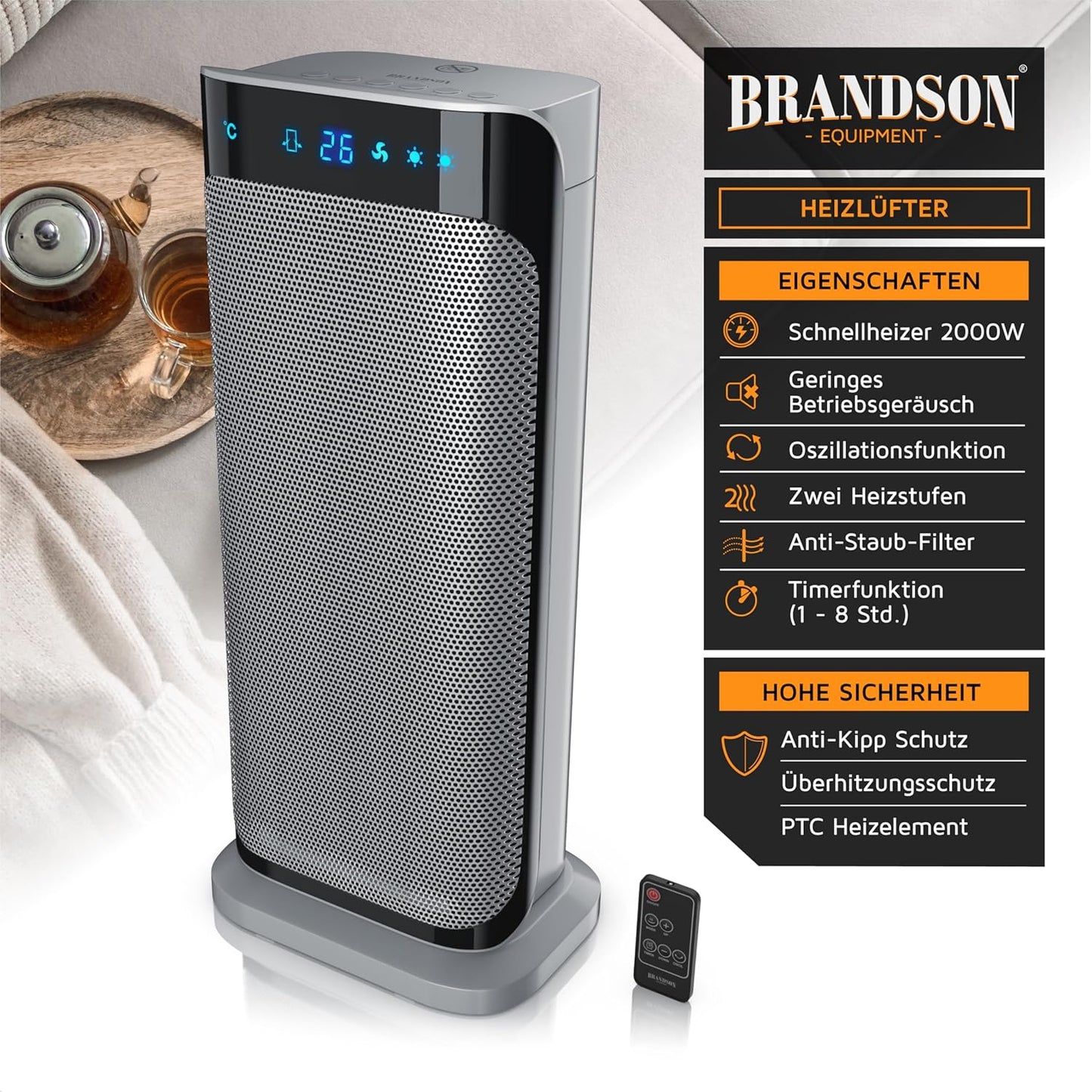 Brandson - Heizlüfter mit Fernbedienung - Preisträger - energiesparend leise Keramik-Heizlüfter Badezimmer - Oszillationsfunktion - Timer - Heizung Heater - GS zertifiziert