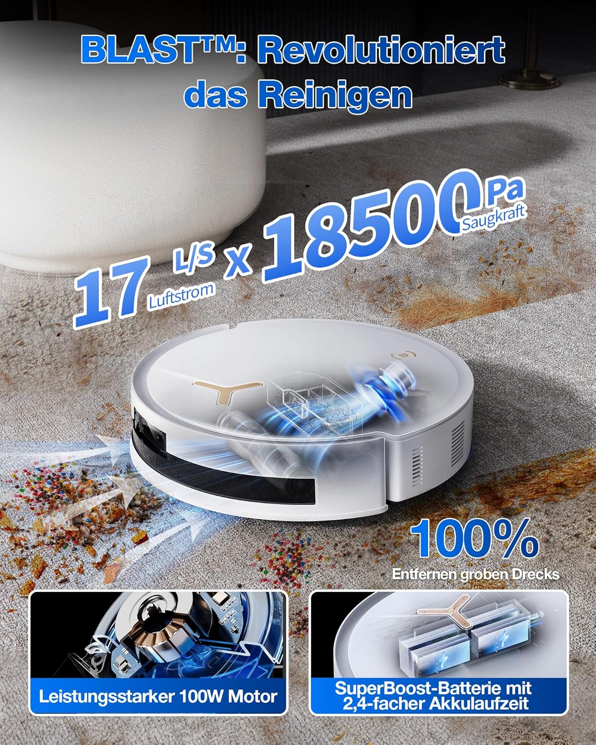 ECOVACS DEEBOT T50 Omni Saugroboter mit Wischfunktion,15.000 Pa, T30 Omni-Upgrade, Ausziehbare Seitenbürste und Mopp, ZeroTangle 2.0, Moppwäsche mit 75°C heißem Wasser, All-in-One Station