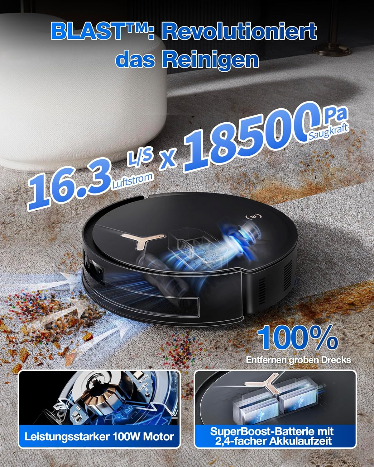 ECOVACS DEEBOT T50 Omni Saugroboter mit Wischfunktion,15.000 Pa, T30 Omni-Upgrade, Ausziehbare Seitenbürste und Mopp, ZeroTangle 2.0, Moppwäsche mit 75°C heißem Wasser, All-in-One Station