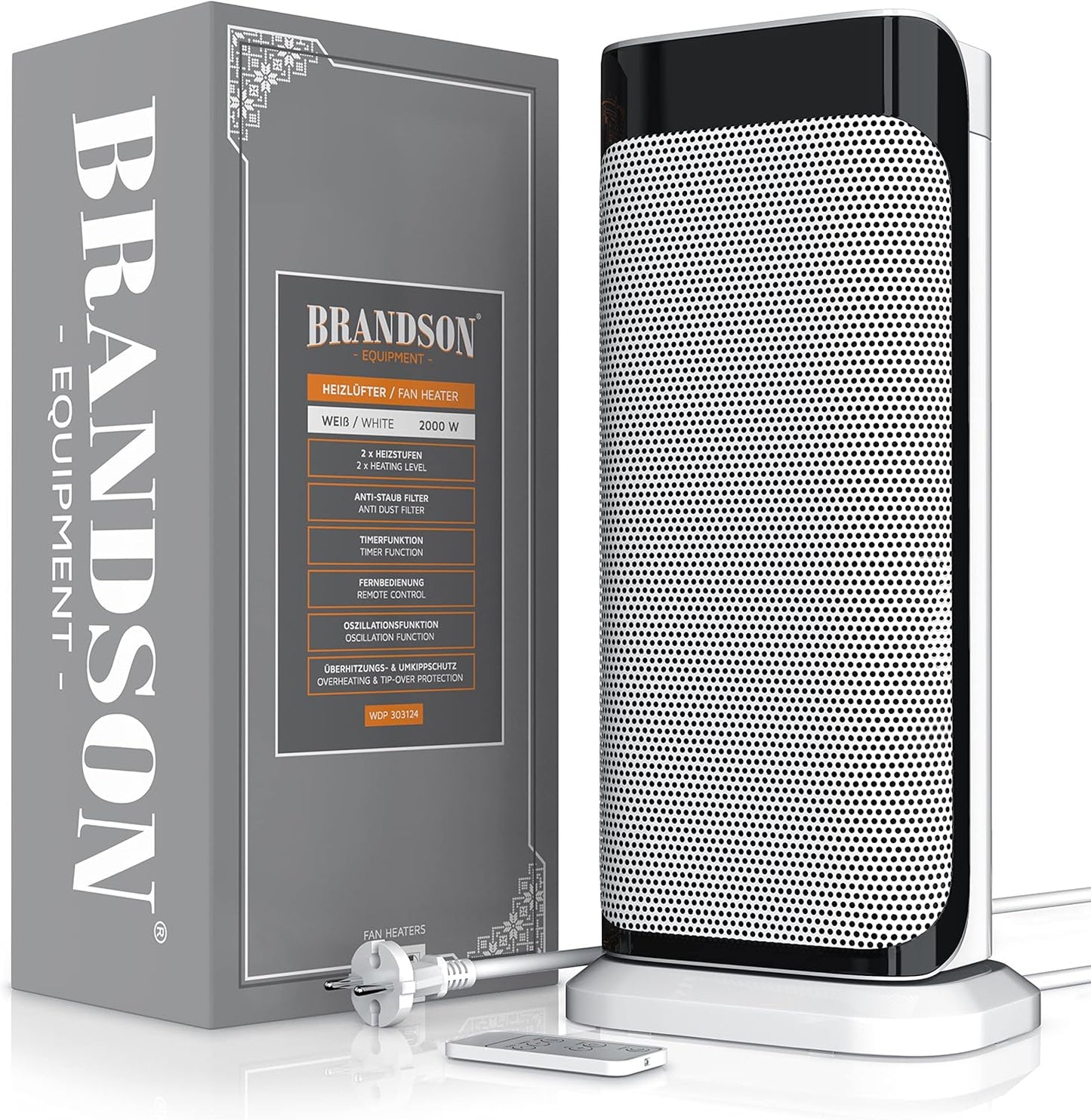 Brandson - Heizlüfter mit Fernbedienung - Preisträger - energiesparend leise Keramik-Heizlüfter Badezimmer - Oszillationsfunktion - Timer - Heizung Heater - GS zertifiziert