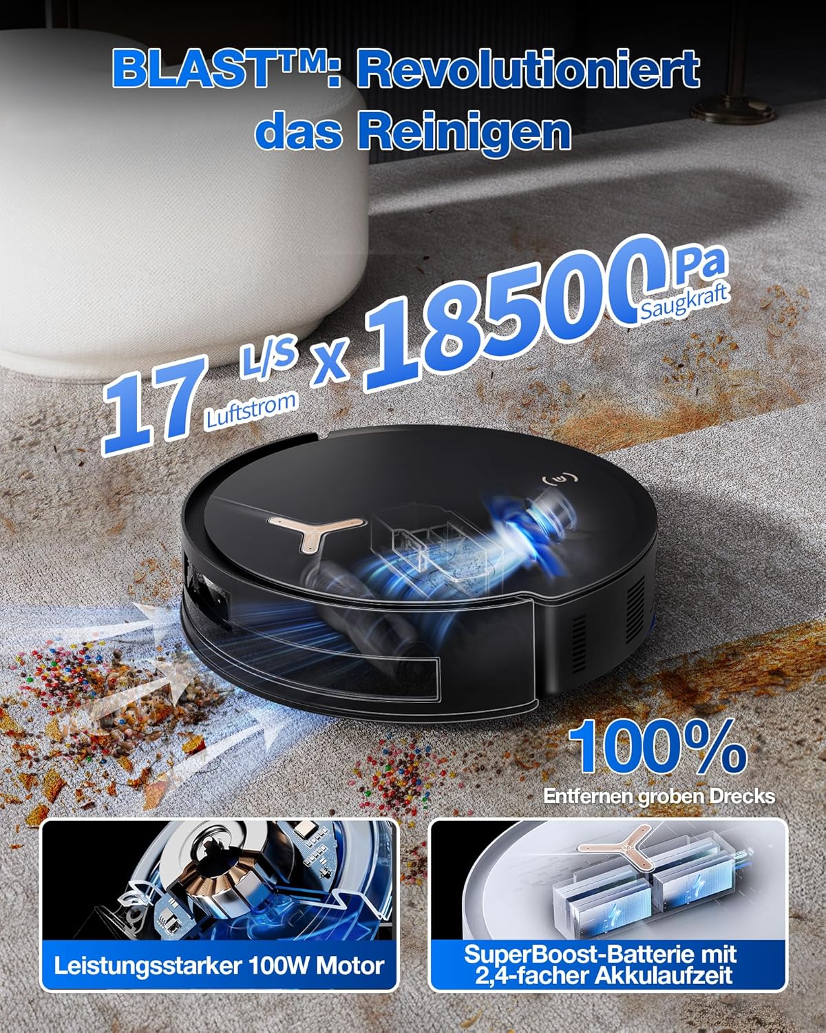 ECOVACS DEEBOT T50 Omni Saugroboter mit Wischfunktion,15.000 Pa, T30 Omni-Upgrade, Ausziehbare Seitenbürste und Mopp, ZeroTangle 2.0, Moppwäsche mit 75°C heißem Wasser, All-in-One Station