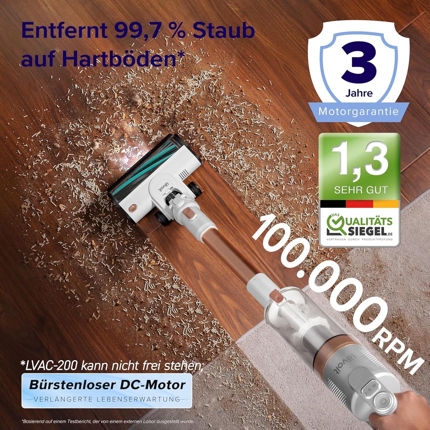 Levoit - Akku Staubsauger - Laufzeit für 75㎡ - Staubsauger Kabellos - 4-in-1 Vacuum Cleaner - 99,9 Prozent Filterleistung - Anti Tangle -Für Tierhaare/Teppiche/Hartböden/Auto - LVAC-200
